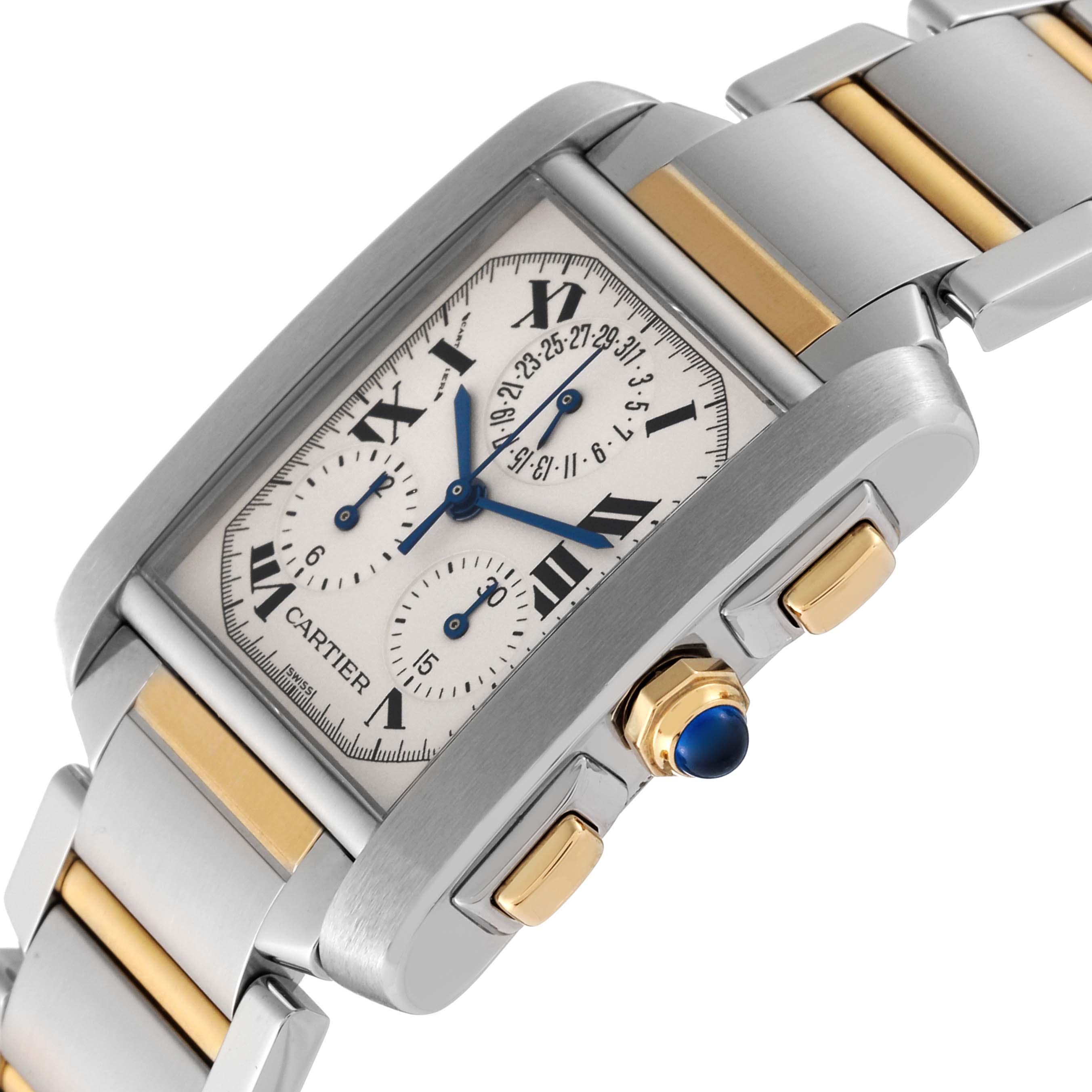 This image shows a close-up angle of the Cartier Tank Francaise W51004Q4 Men
s Steel and Gold (two tone) Silver Dial W51004Q4 Men
s Steel and Gold (two tone) Silver Dial watch, highlighting the dial, crown, and part of the bracelet.
