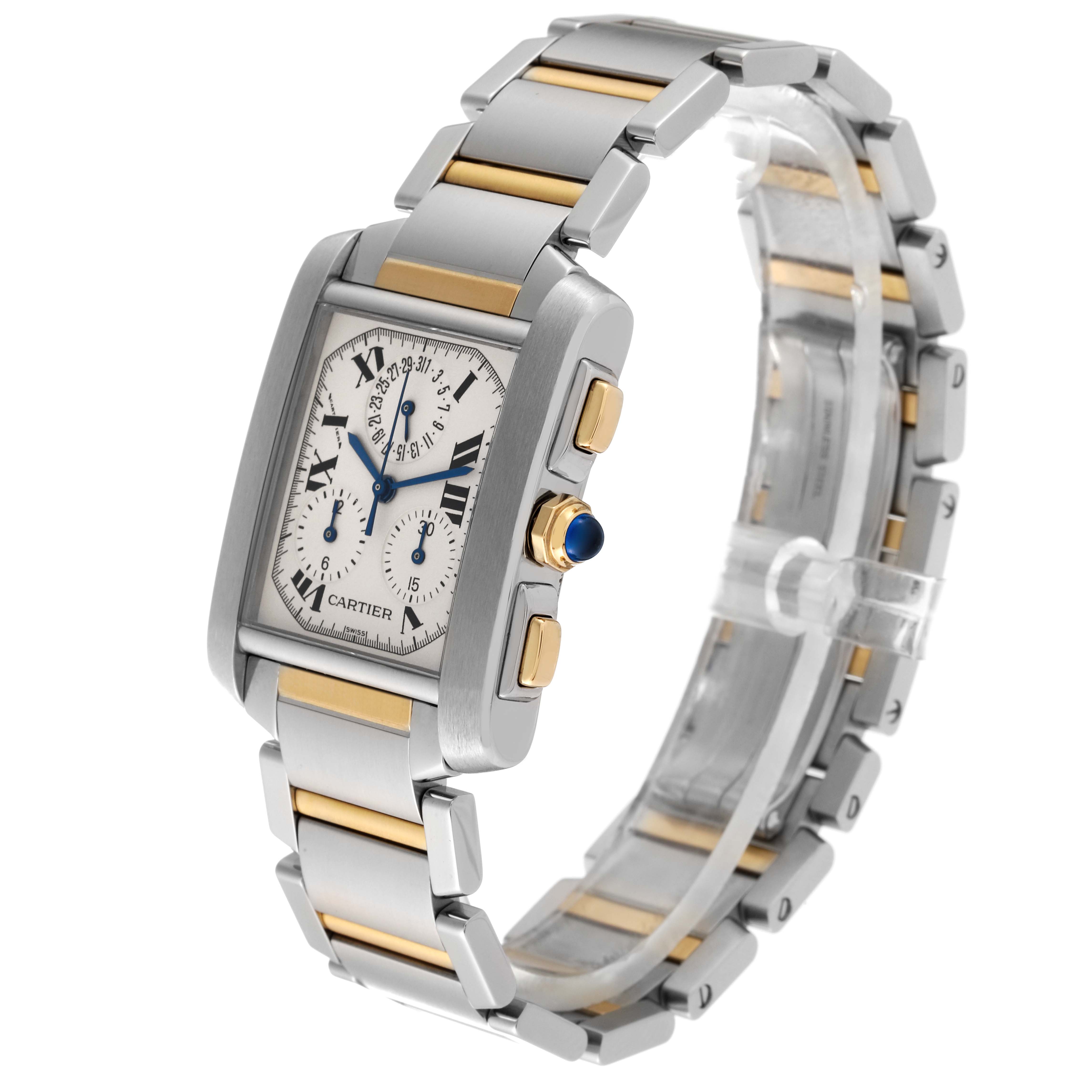This image shows a Cartier Tank Francaise W51004Q4 Men
s Steel and Gold (two tone) Silver Dial W51004Q4 Men
s Steel and Gold (two tone) Silver Dial watch at a three-quarter angle, highlighting its face, crown, chronographs, and metal bracelet.