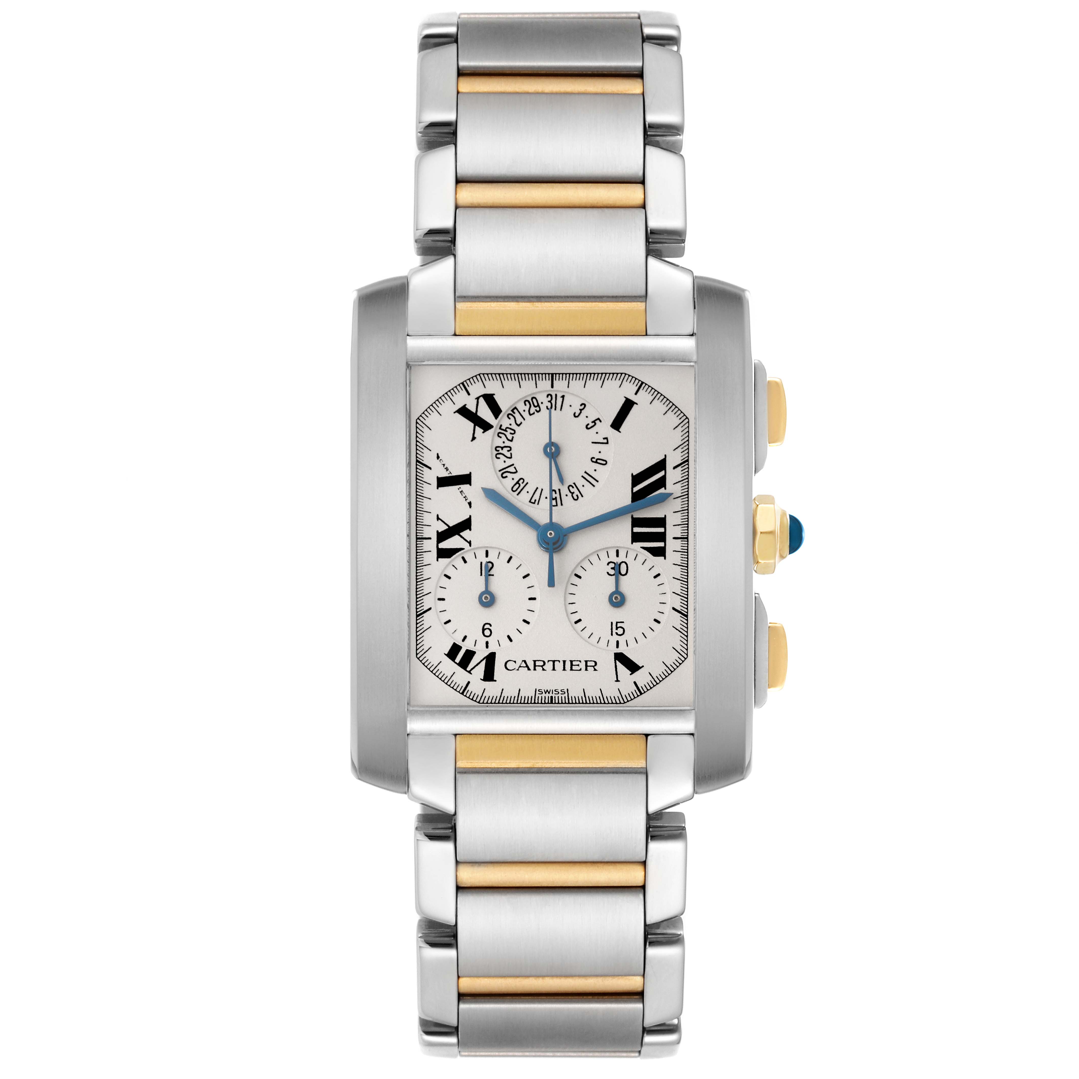 This image shows a front view of the Cartier Tank Francaise W51004Q4 Men
s Steel and Gold (two tone) Silver Dial W51004Q4 Men
s Steel and Gold (two tone) Silver Dial watch, displaying its face, bracelet, and side buttons.