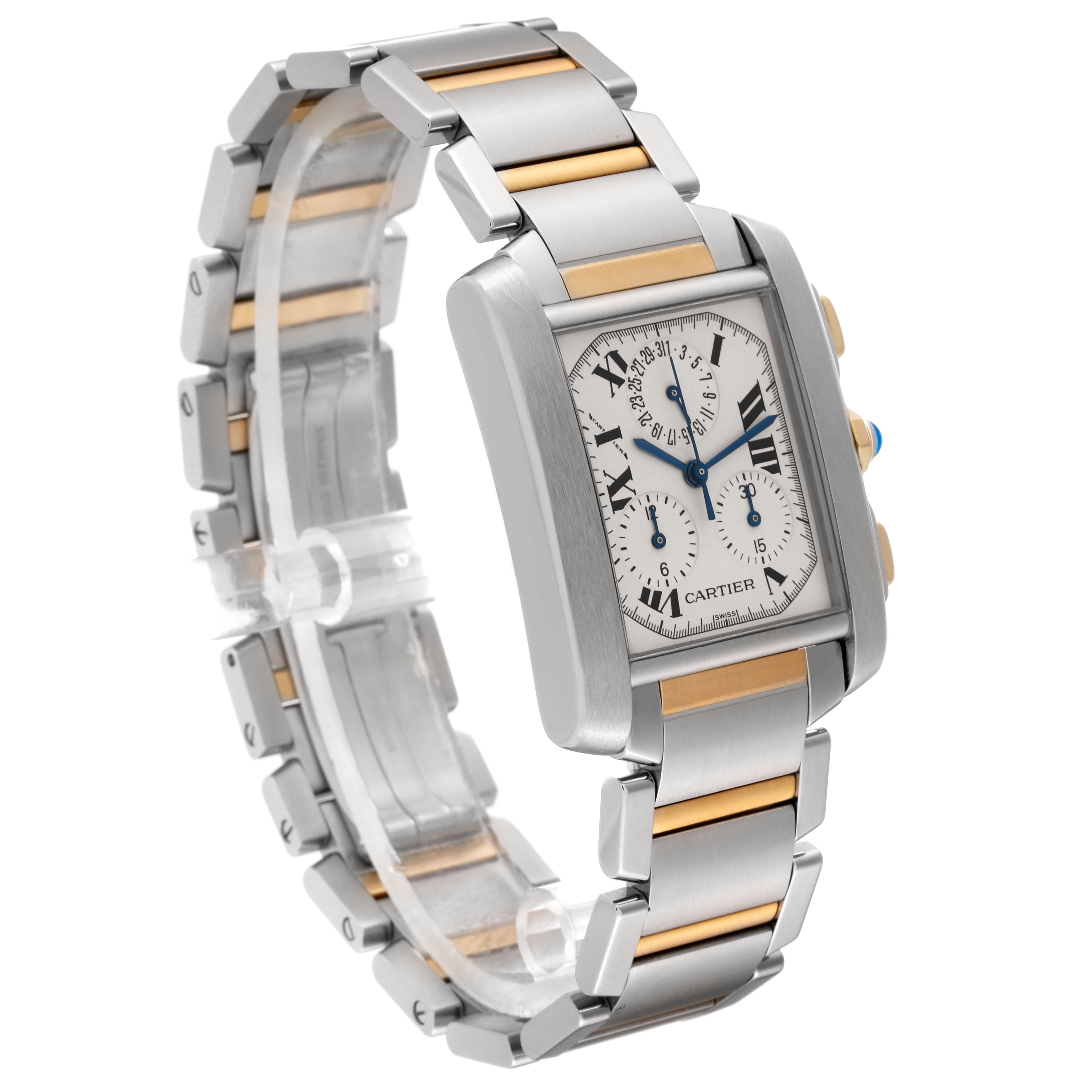 This image shows a Cartier Tank Francaise W51004Q4 Men
s Steel and Gold (two tone) Silver Dial W51004Q4 Men
s Steel and Gold (two tone) Silver Dial watch at an angle highlighting the face, bracelet, and side buttons.