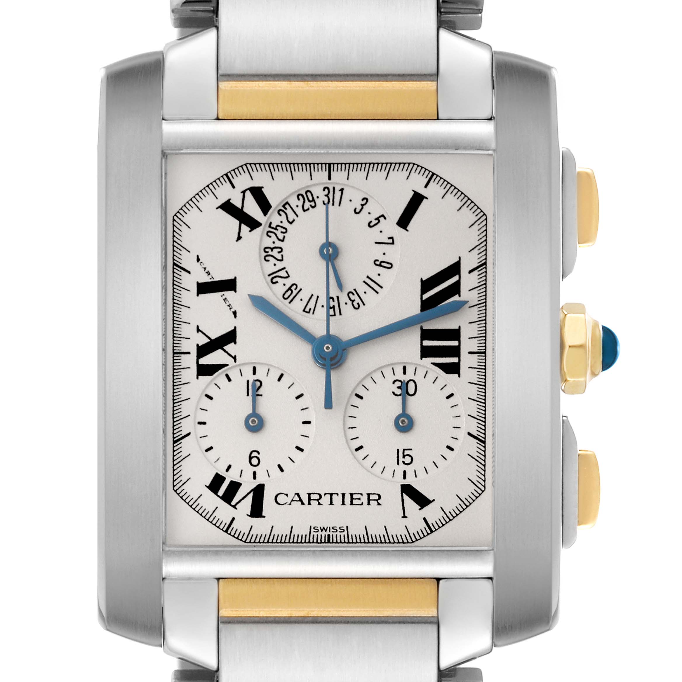 The image shows a close-up of the Cartier Tank Francaise W51004Q4 Men
s Steel and Gold (two tone) Silver Dial W51004Q4 Men
s Steel and Gold (two tone) Silver Dial watch, highlighting its rectangular dial, Roman numerals, sub-dials, and crown.