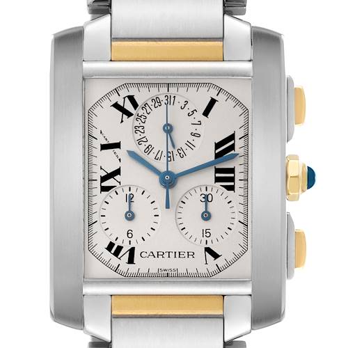 This image shows a frontal view of the Cartier Tank Française watch, highlighting its rectangular case, blue hands, and Roman numeral dial.