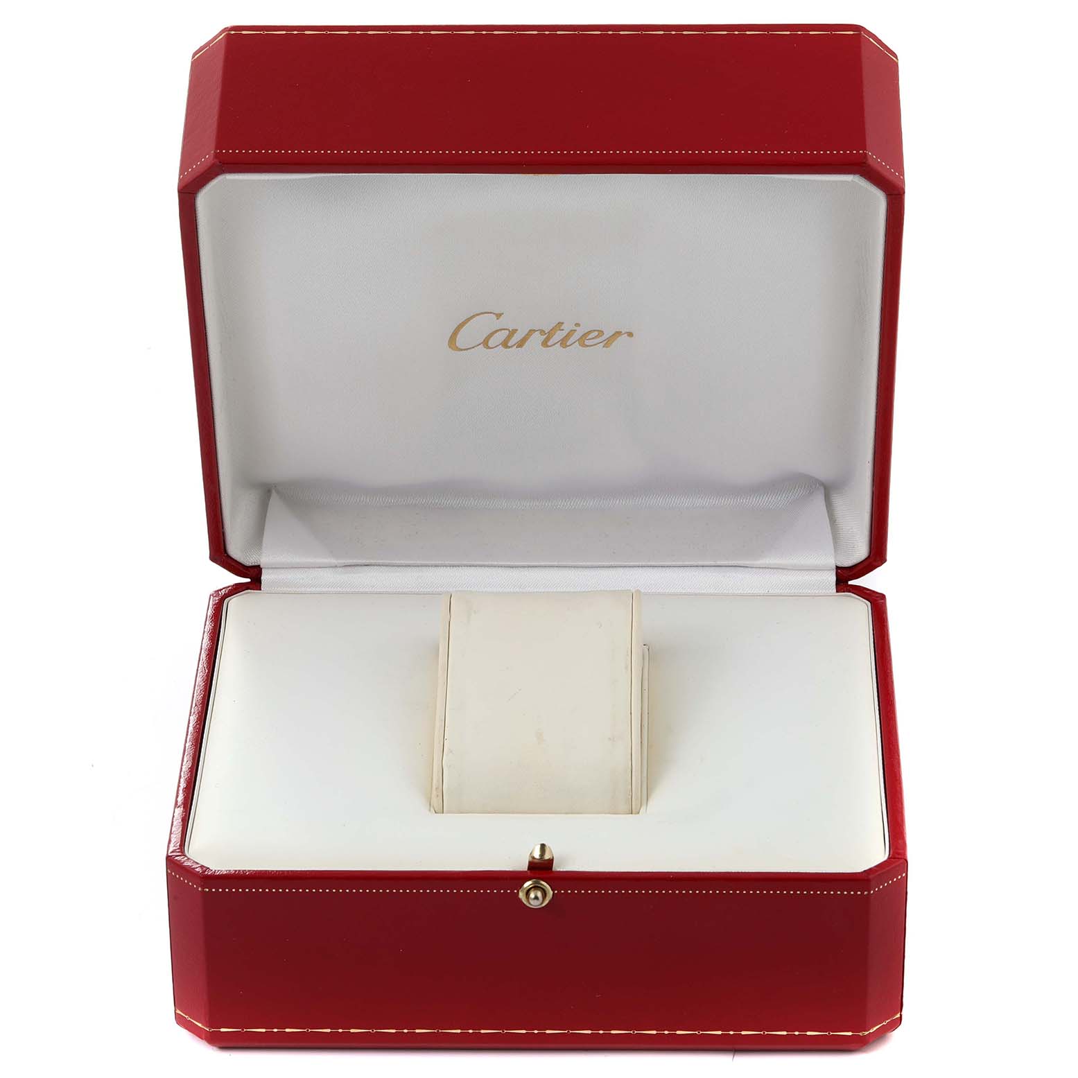 The image shows an open red Cartier watch box for the Tank Francaise model.