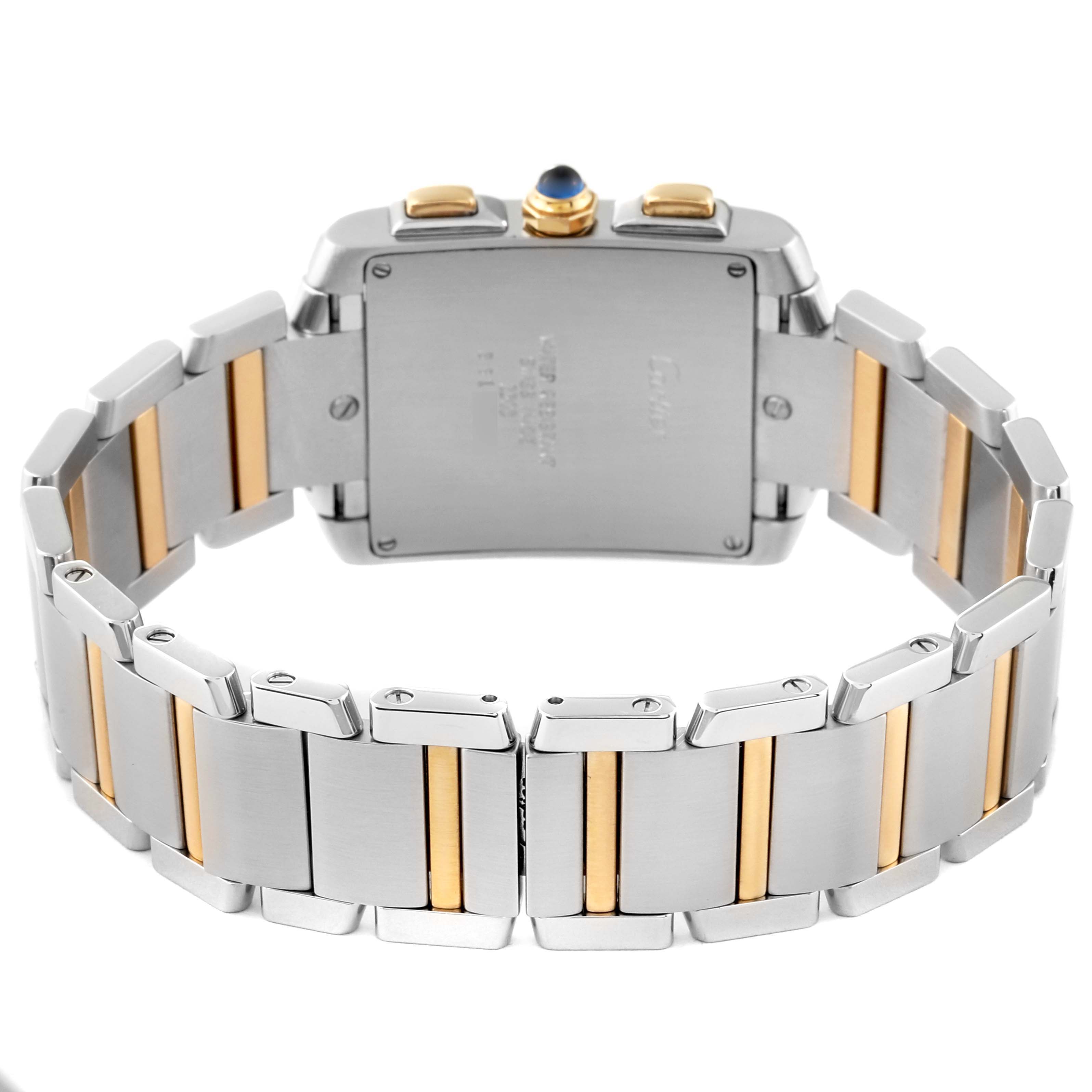 This image shows the back view of the Cartier Tank Francaise W51004Q4 Men
s Steel and Gold (two tone) Silver Dial W51004Q4 Men
s Steel and Gold (two tone) Silver Dial watch, focusing on the case back and two-tone metal bracelet.