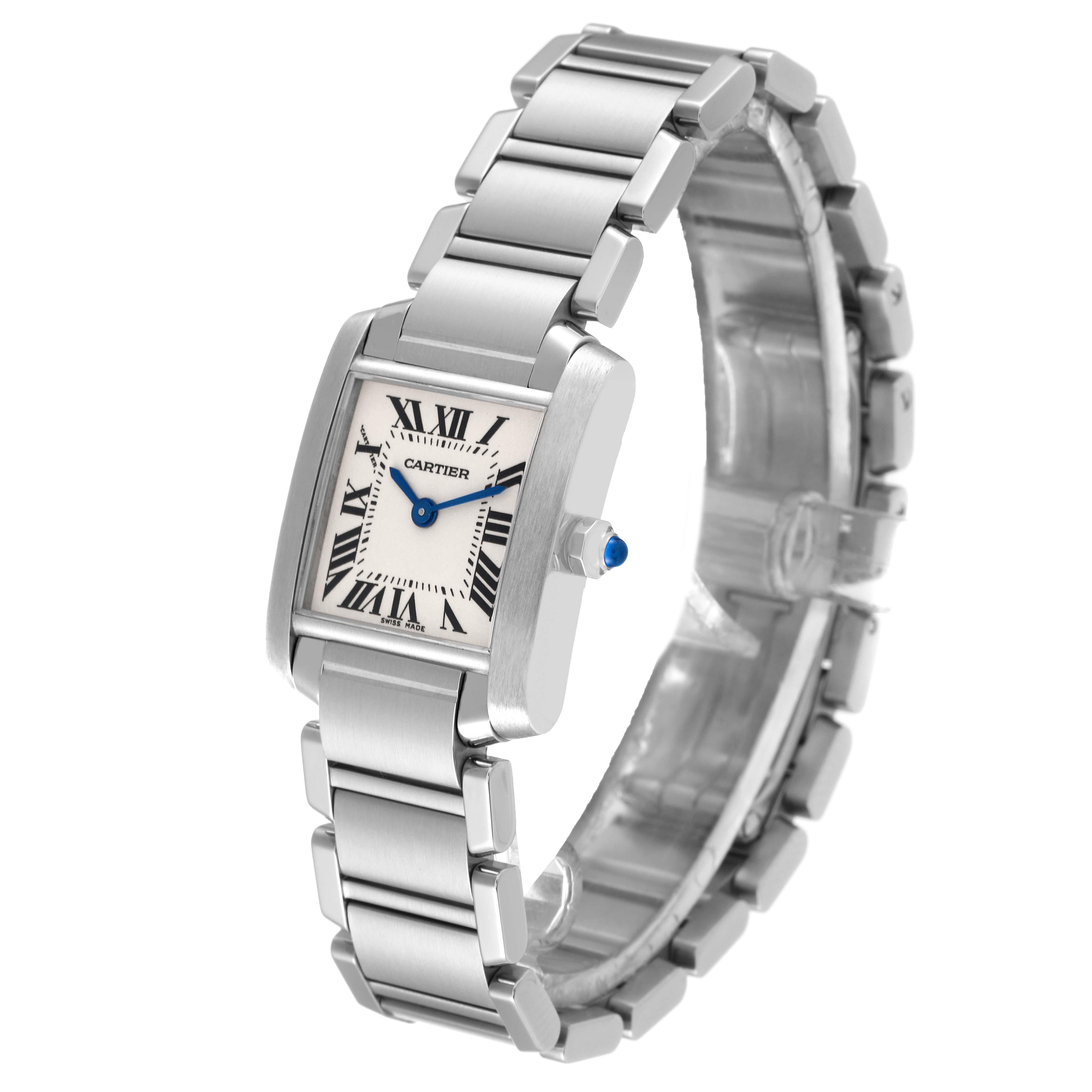 The image shows a side-angle view of the Cartier Tank Francaise W51008Q3 Women
s Stainless Steel Silver Dial W51008Q3 Women
s Stainless Steel Silver Dial watch, highlighting its rectangular case and metal bracelet.