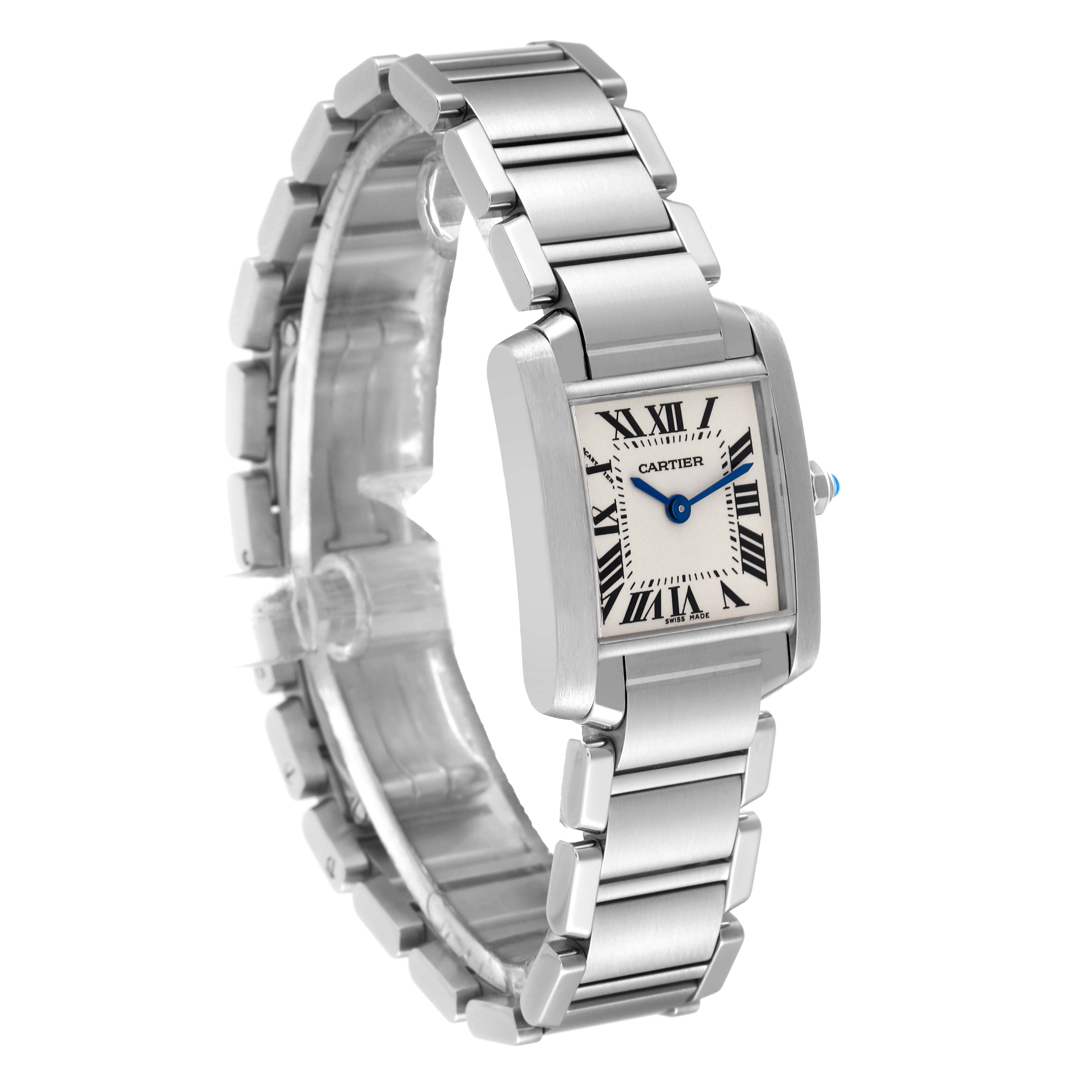 The Cartier Tank Francaise W51008Q3 Women
s Stainless Steel Silver Dial W51008Q3 Women
s Stainless Steel Silver Dial watch is shown at a three-quarter angle, displaying its rectangular face and stainless steel bracelet.