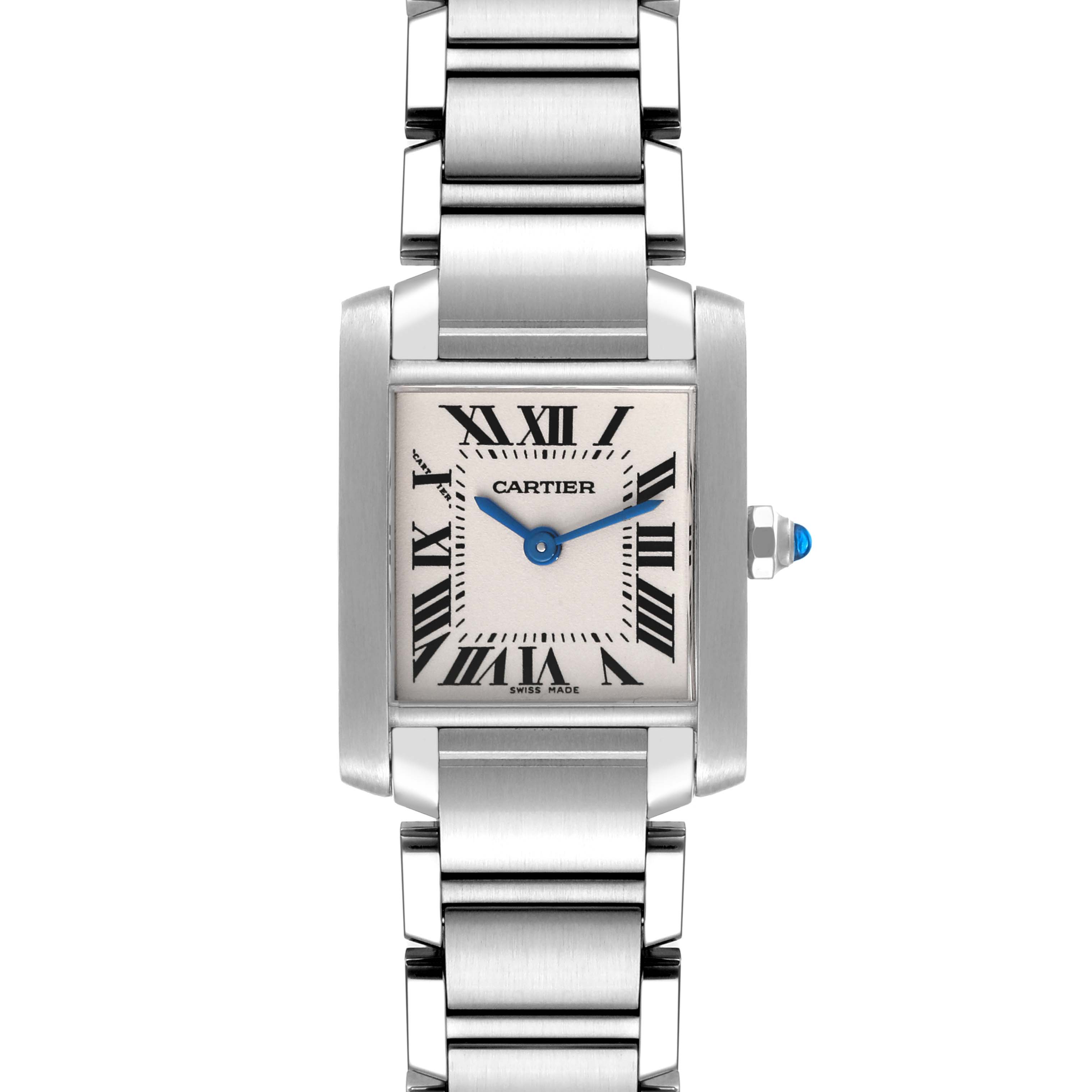The image shows a front view of the Cartier Tank Francaise W51008Q3 Women
s Stainless Steel Silver Dial W51008Q3 Women
s Stainless Steel Silver Dial watch, including the watch face, crown, and metal bracelet.