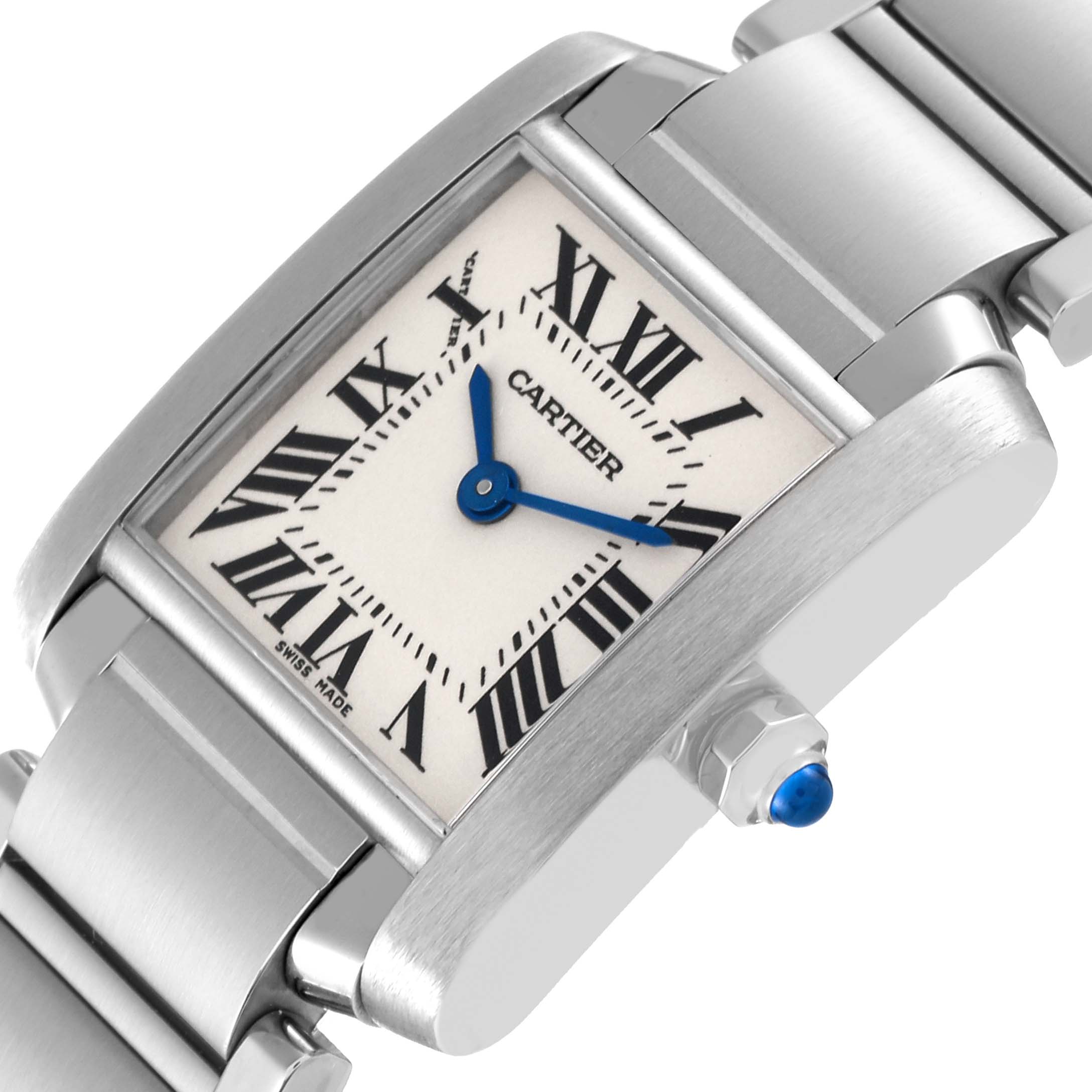 This image displays a close-up angle of the Tank Francaise model by Cartier, showing the watch face, bezel, and bracelet.