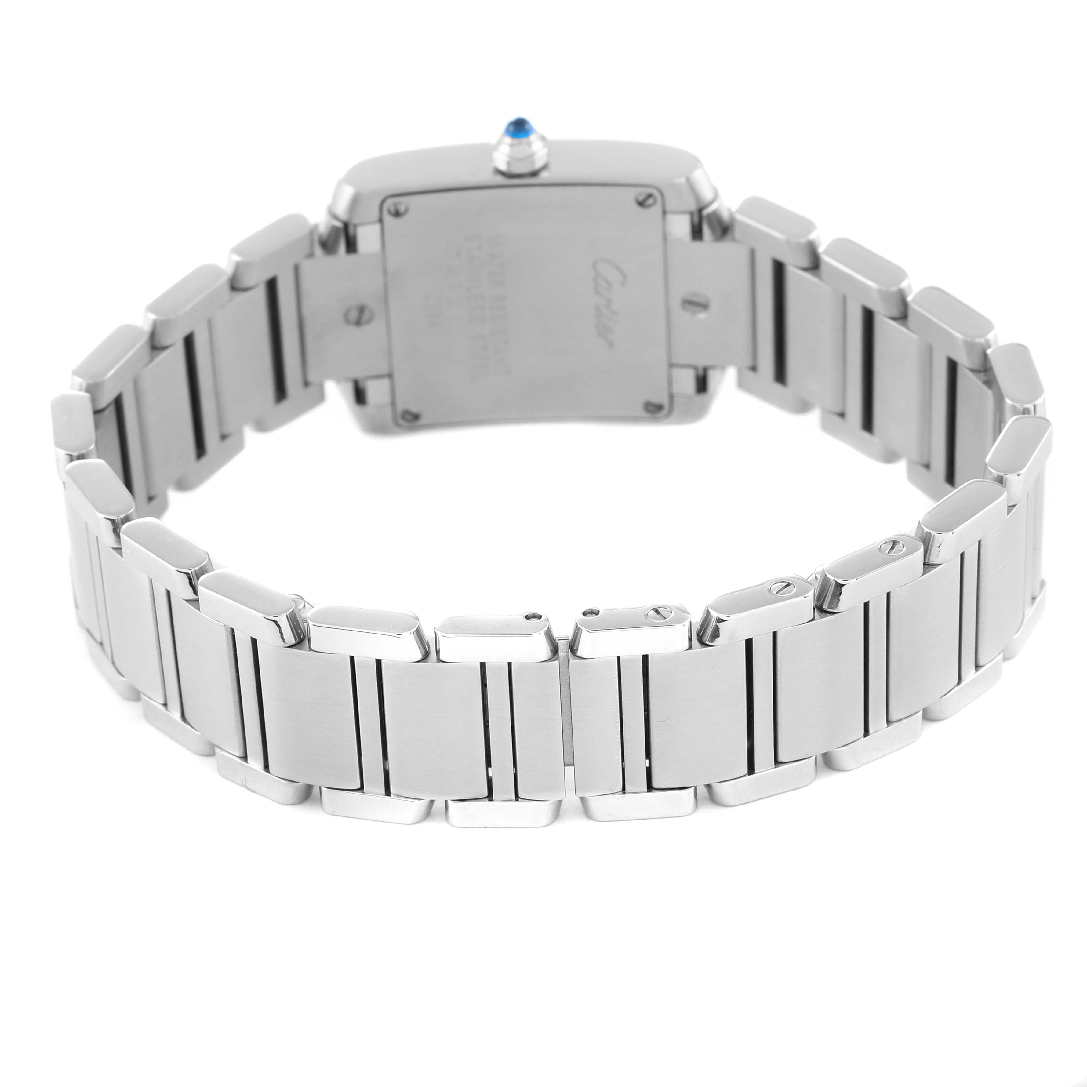 This image shows the back of the Cartier Tank Française watch, highlighting the stainless steel band and case.