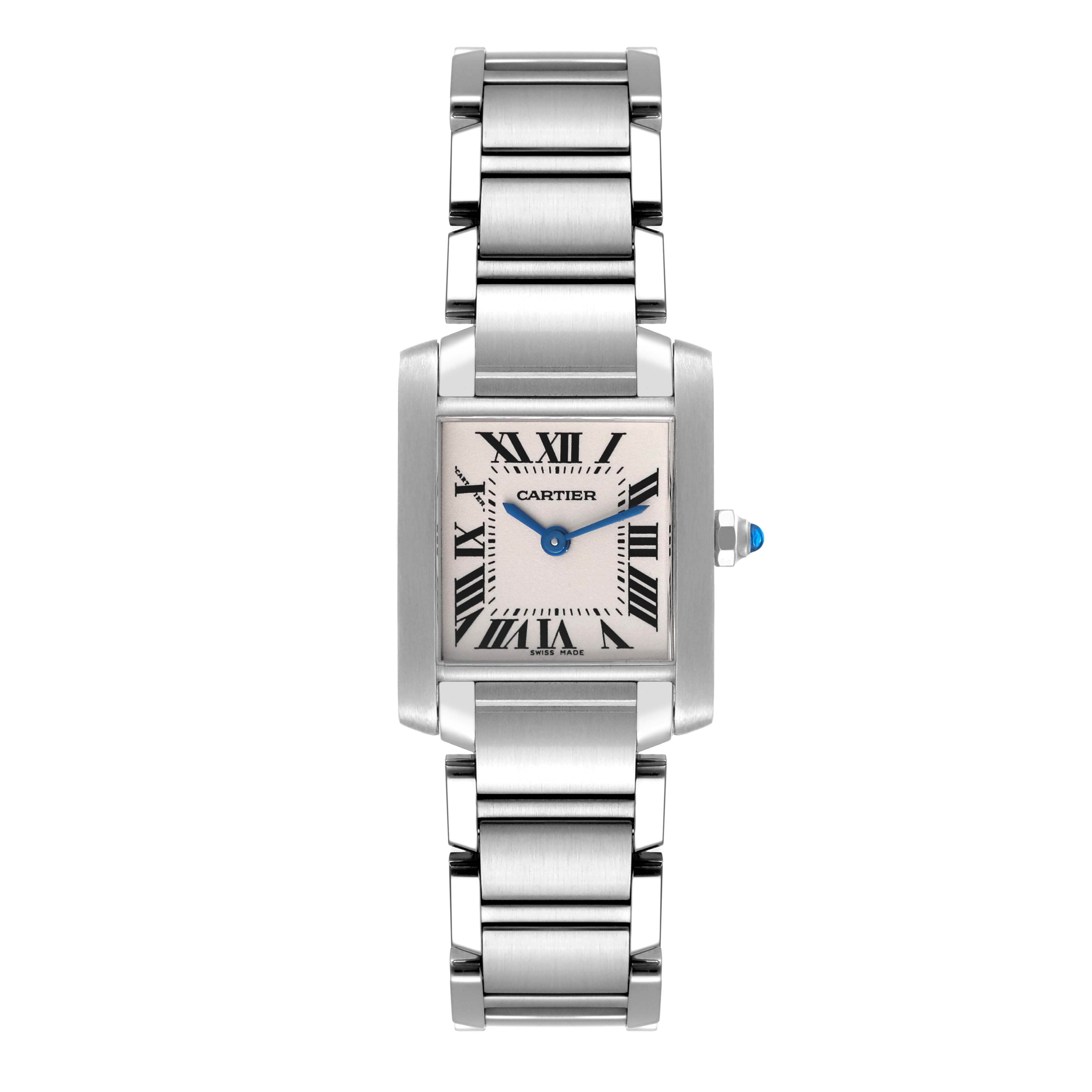 This Cartier Tank Française watch is shown from a front angle, displaying its rectangular face, Roman numerals, and metal bracelet.