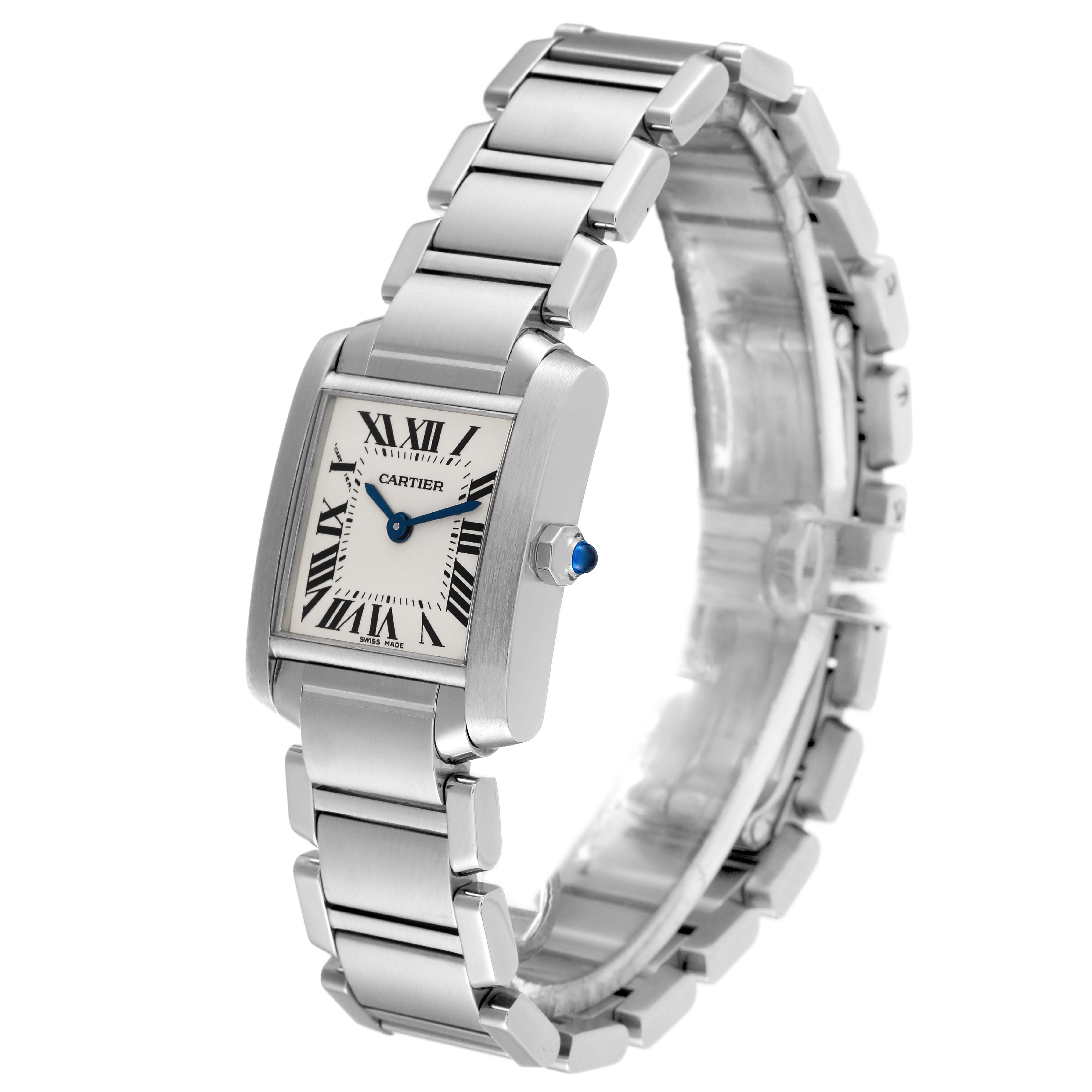 The image shows a 3/4 angle view of a Cartier Tank Francaise W51008Q3 Women's Stainless Steel Silver Dial W51008Q3 Women's Stainless Steel Silver Dial watch, highlighting its face and metal bracelet.