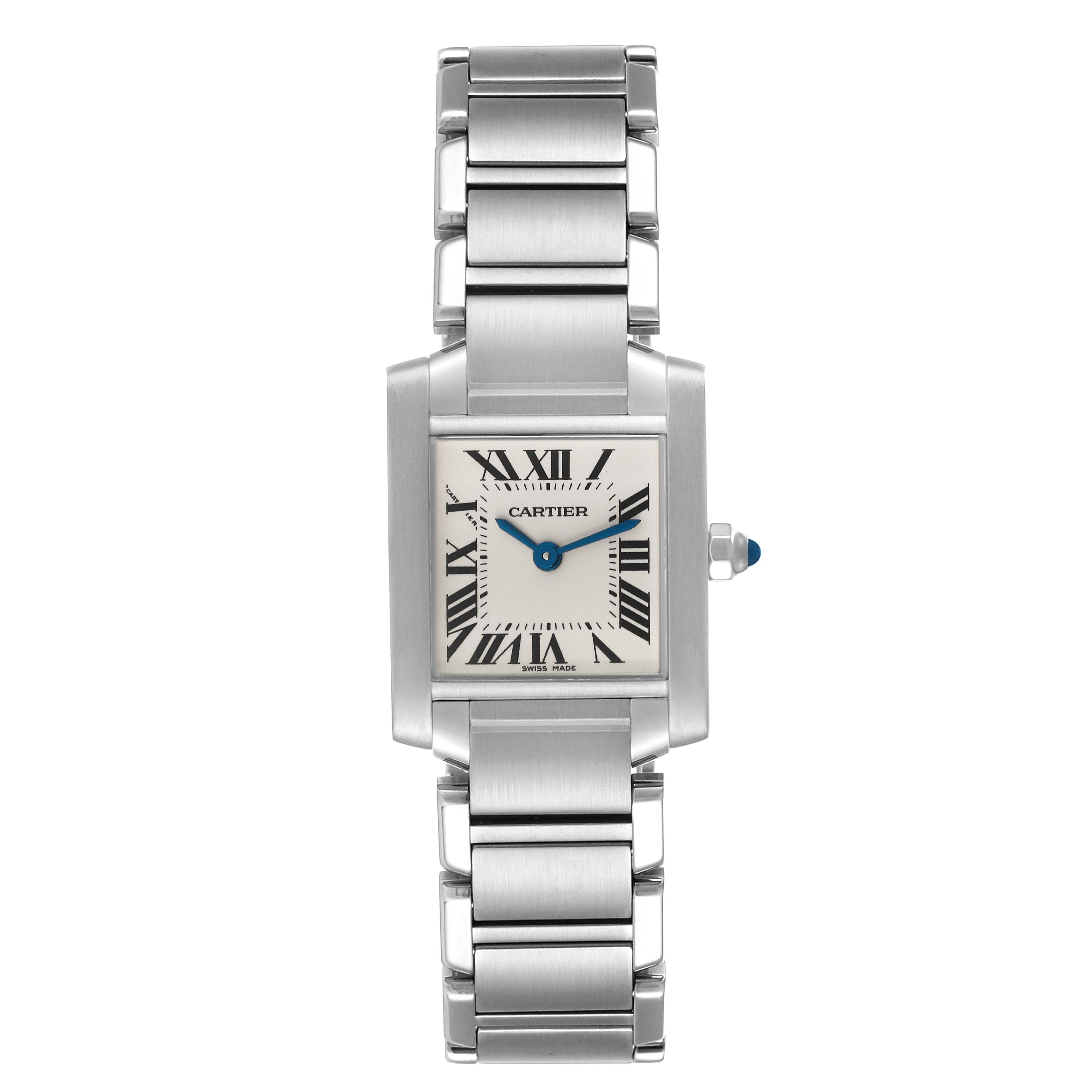 The image shows a front view of the Cartier Tank Francaise W51008Q3 Women's Stainless Steel Silver Dial W51008Q3 Women's Stainless Steel Silver Dial watch, highlighting its face, bracelet, and crown.