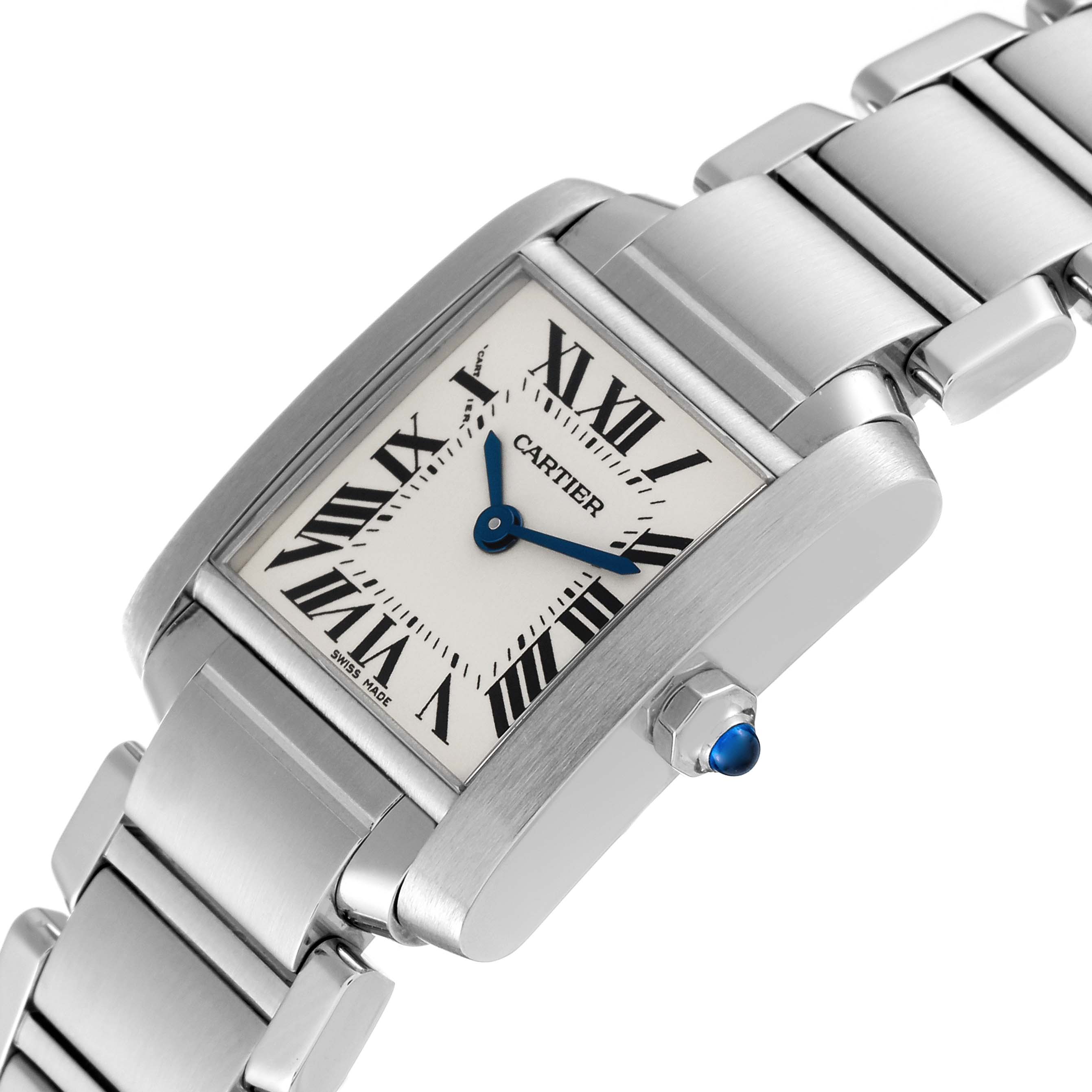 This image shows a Cartier Tank Francaise W51008Q3 Women's Stainless Steel Silver Dial W51008Q3 Women's Stainless Steel Silver Dial watch at an angled view, highlighting the face, bezel, case, crown, and part of the bracelet.