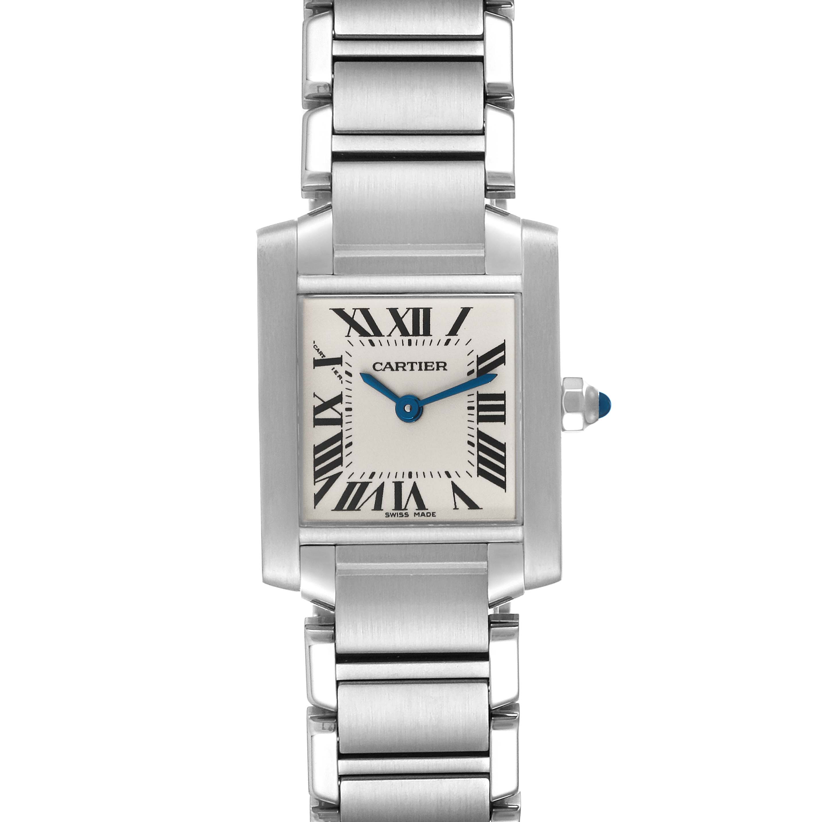 The image shows a front view of a Cartier Tank Française watch displaying the face, bezel, and part of the bracelet.
