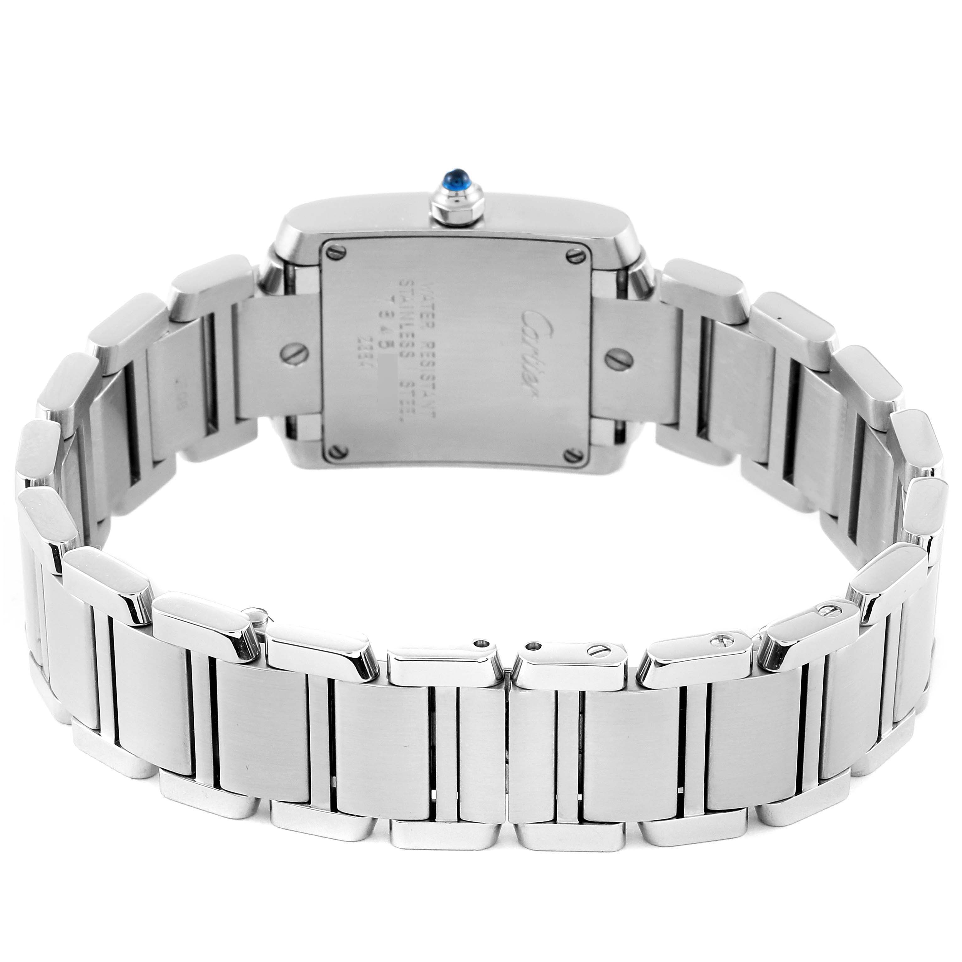 This image shows the back view of the Cartier Tank Francaise W51008Q3 Women's Stainless Steel Silver Dial W51008Q3 Women's Stainless Steel Silver Dial watch, focusing on the clasp and bracelet.