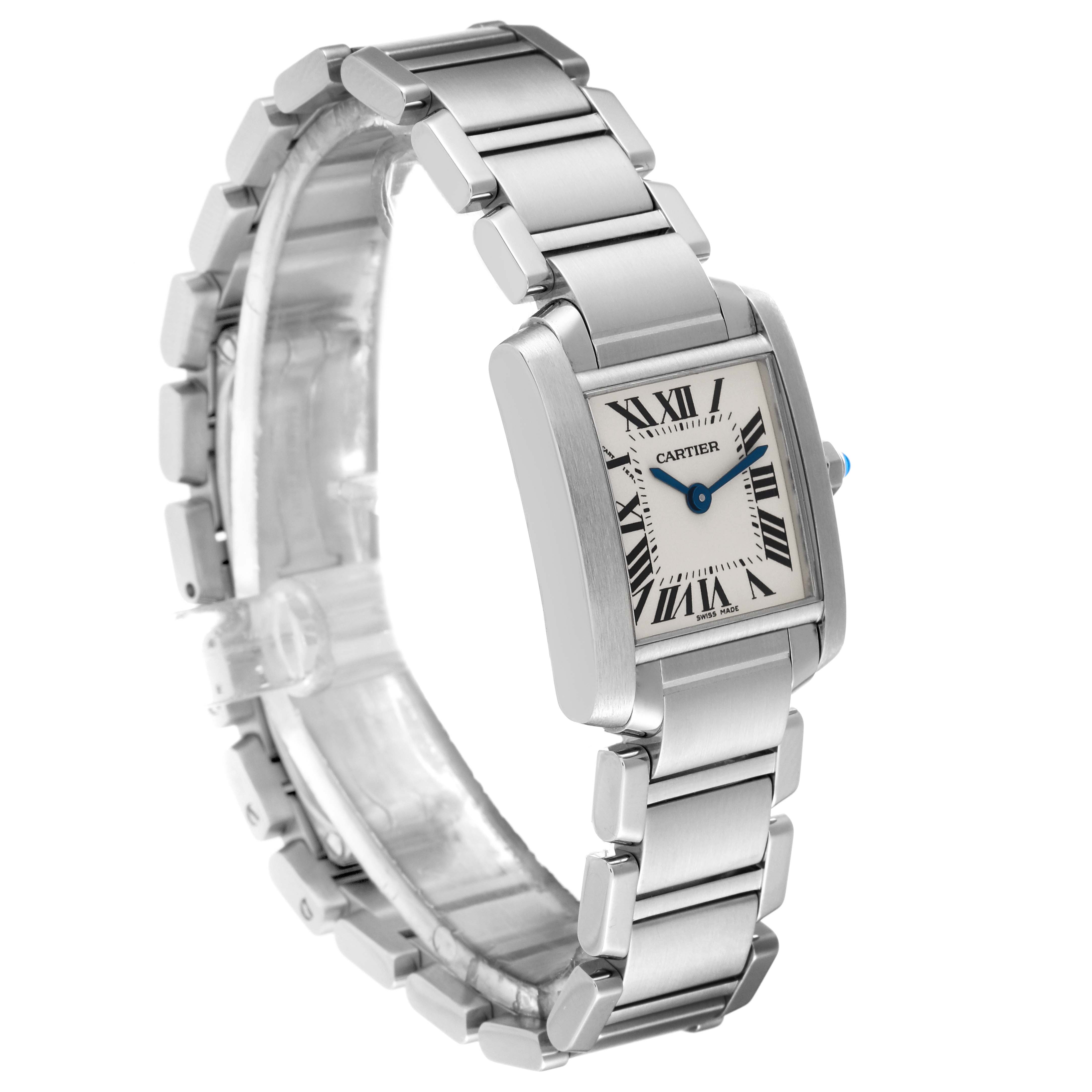The Cartier Tank Francaise W51008Q3 Women's Stainless Steel Silver Dial W51008Q3 Women's Stainless Steel Silver Dial watch is shown at a three-quarter angle, highlighting its bracelet, rectangular case, and dial.