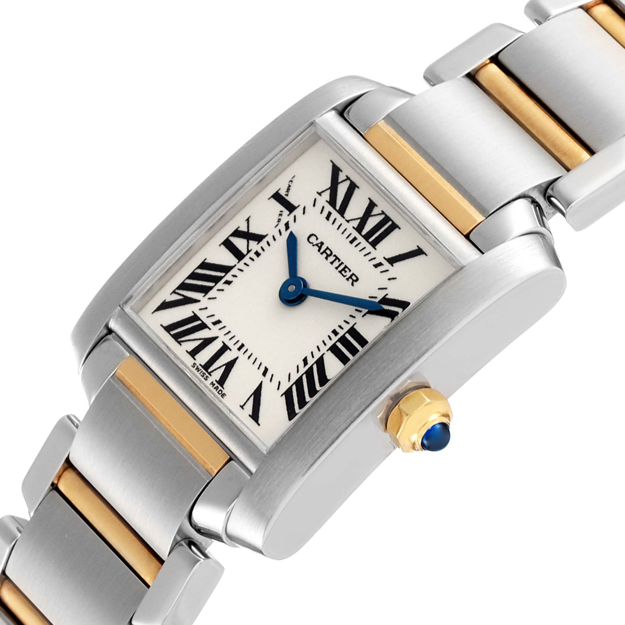 This image shows a close-up angled view of a Cartier Tank Francaise W51007Q4 Women's Steel and Gold (two tone) Silver Dial W51007Q4 Women's Steel and Gold (two tone) Silver Dial watch, highlighting its dial, bracelet, and crown.