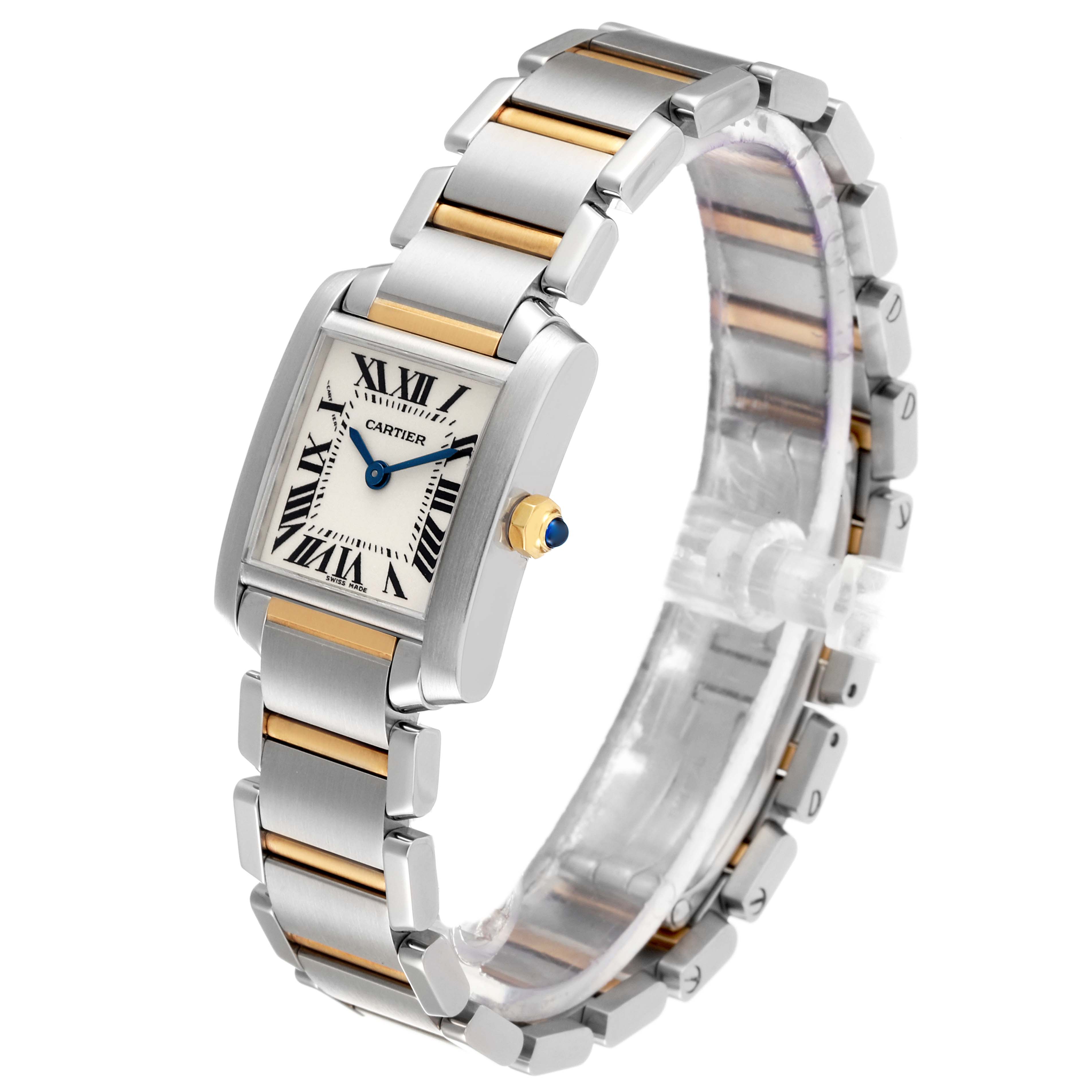The Cartier Tank Francaise W51007Q4 Women's Steel and Gold (two tone) Silver Dial W51007Q4 Women's Steel and Gold (two tone) Silver Dial watch is shown at a slight angle, highlighting its face, crown, and two-tone metal bracelet.