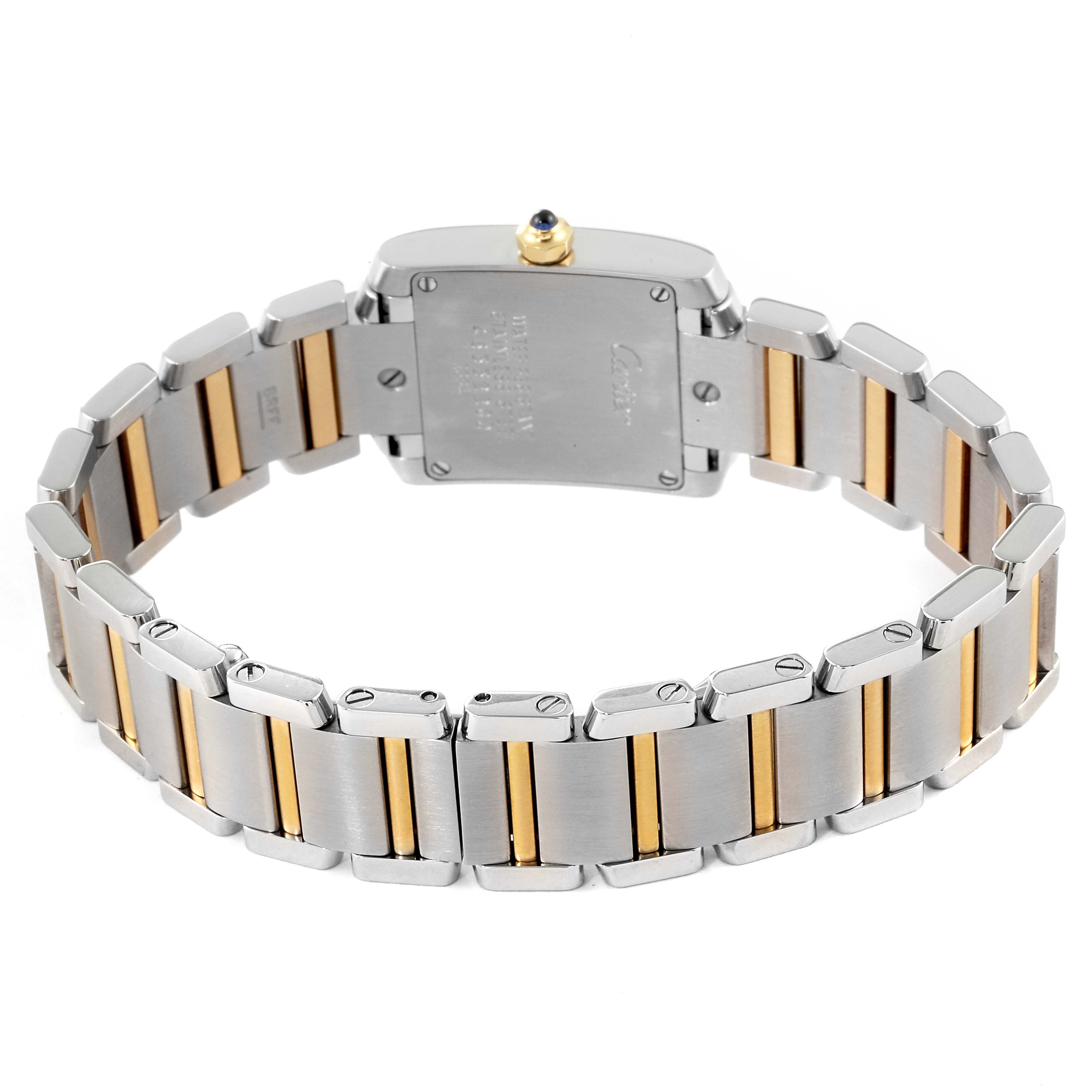 The image shows the back view of the Cartier Tank Française watch, including its metal and gold link bracelet.