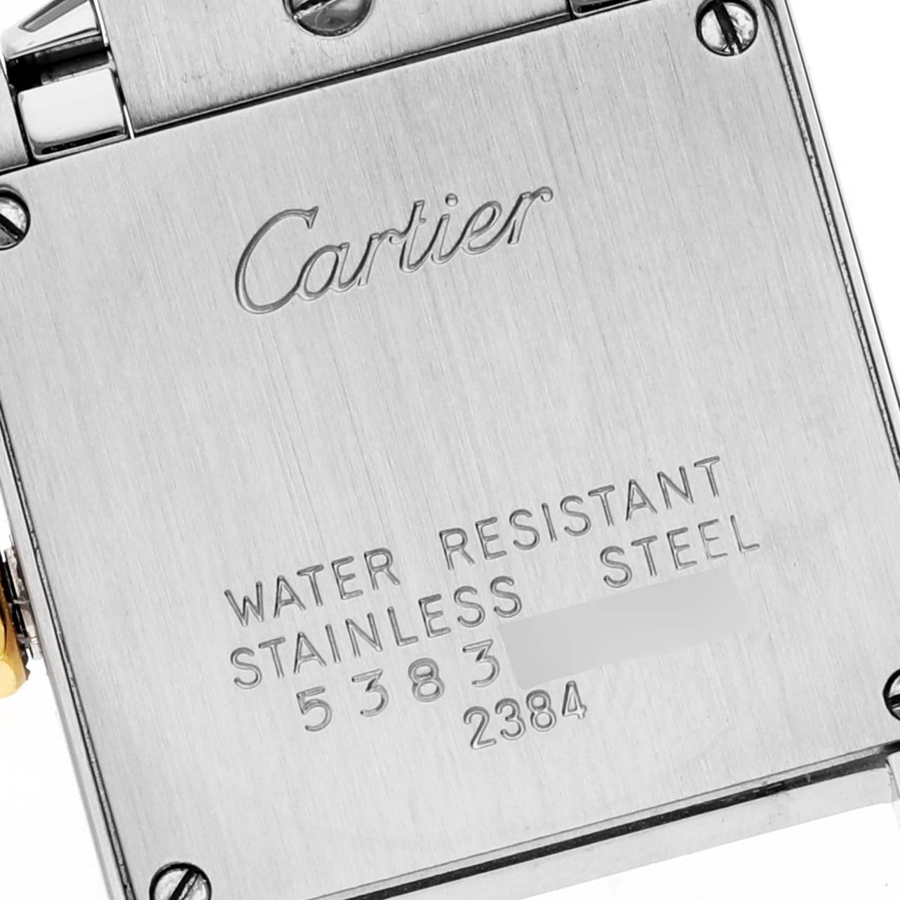 This image shows the back case of a Cartier Tank Francaise W51007Q4 Women's Steel and Gold (two tone) Silver Dial W51007Q4 Women's Steel and Gold (two tone) Silver Dial watch, highlighting its water resistance and stainless steel properties.