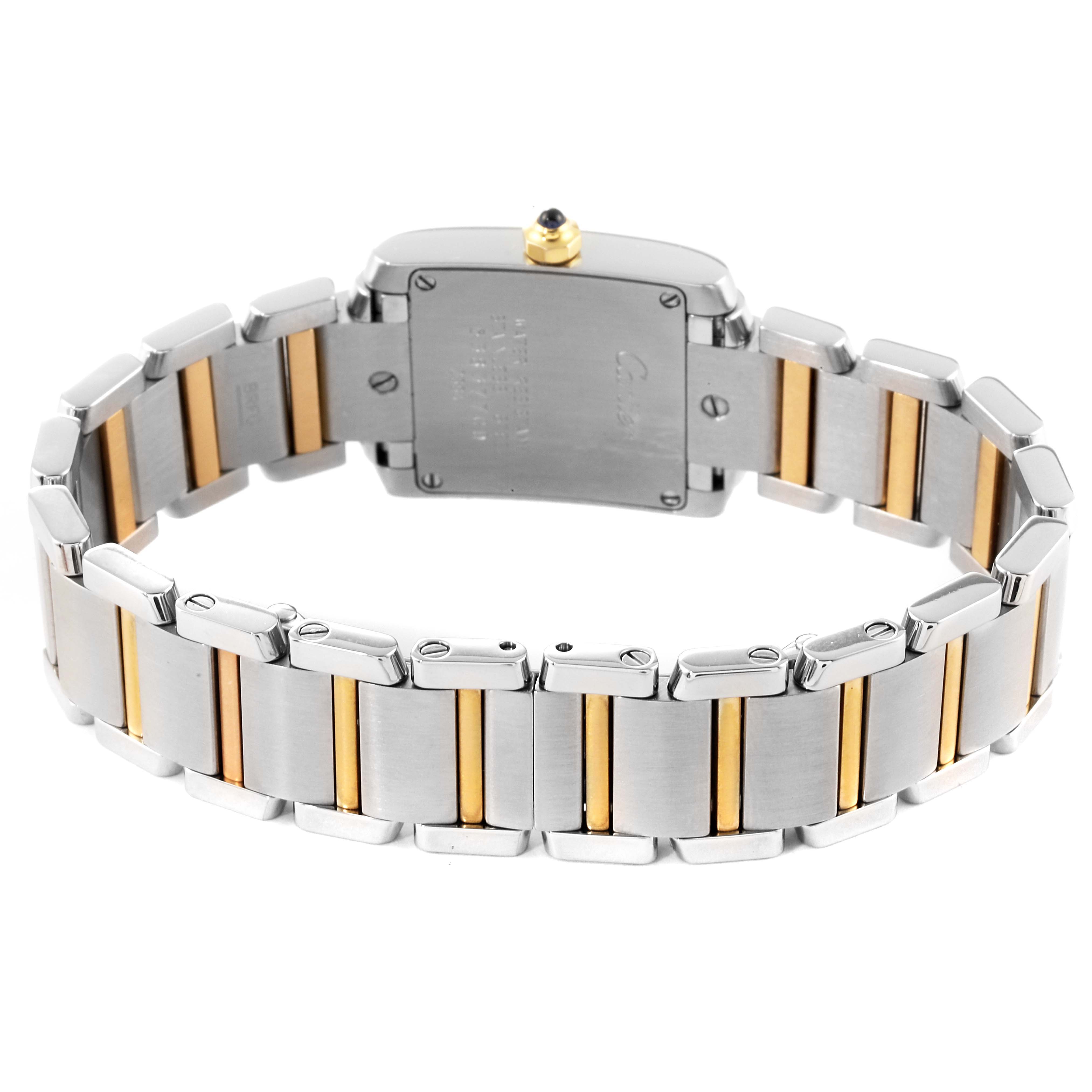 This image shows the back and bracelet of the Cartier Tank Francaise W51007Q4 Women's Steel and Gold (two tone) Silver Dial W51007Q4 Women's Steel and Gold (two tone) Silver Dial watch, highlighting its two-tone metal links.
