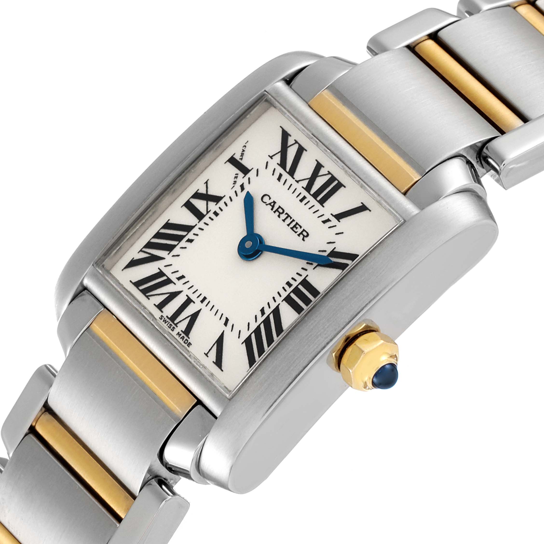 This image shows a close-up of the dial, crown, and part of the bracelet of the Cartier Tank Francaise W51007Q4 Women's Steel and Gold (two tone) Silver Dial W51007Q4 Women's Steel and Gold (two tone) Silver Dial watch.