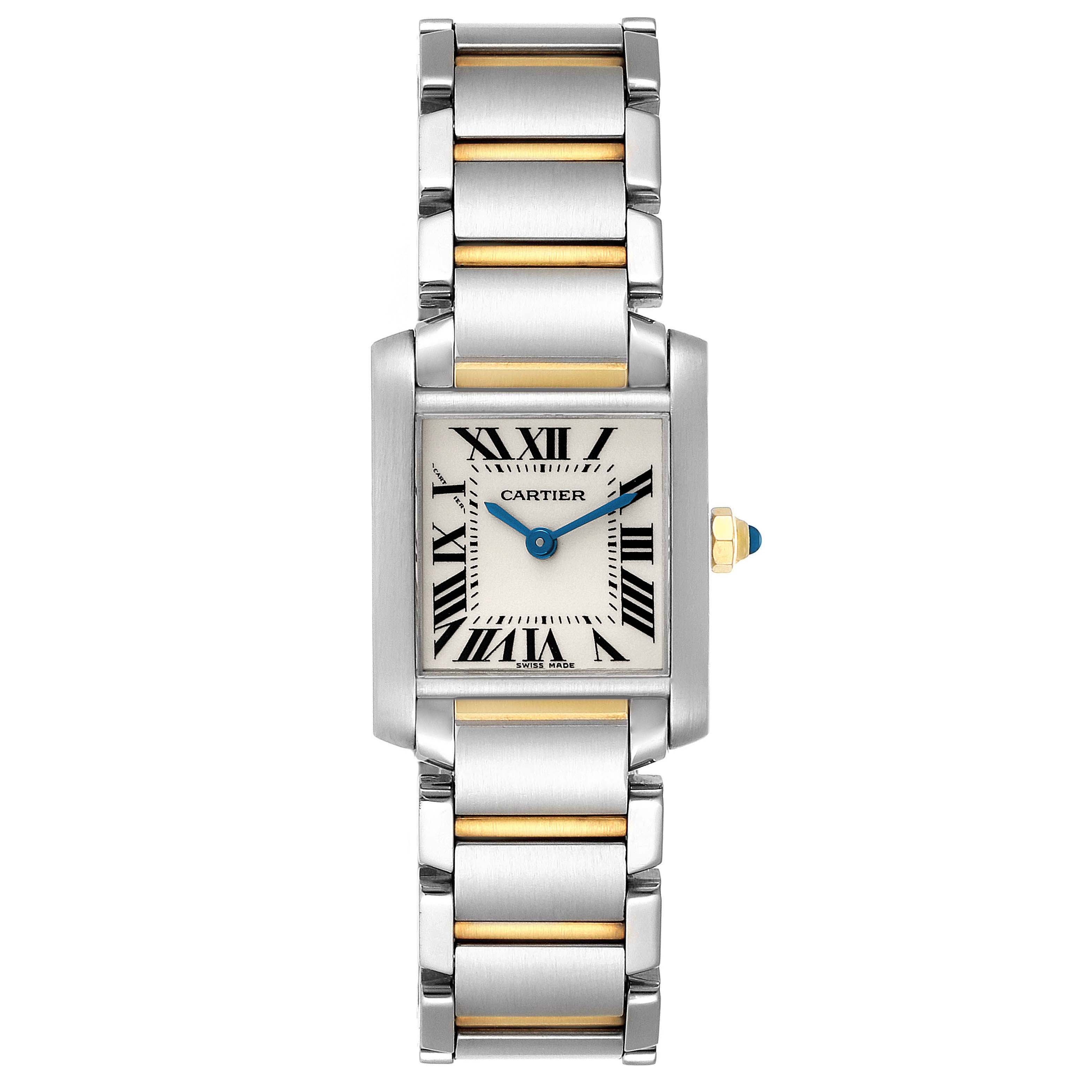 The image shows a front view of a Cartier Tank Francaise W51007Q4 Women's Steel and Gold (two tone) Silver Dial W51007Q4 Women's Steel and Gold (two tone) Silver Dial watch face and bracelet.