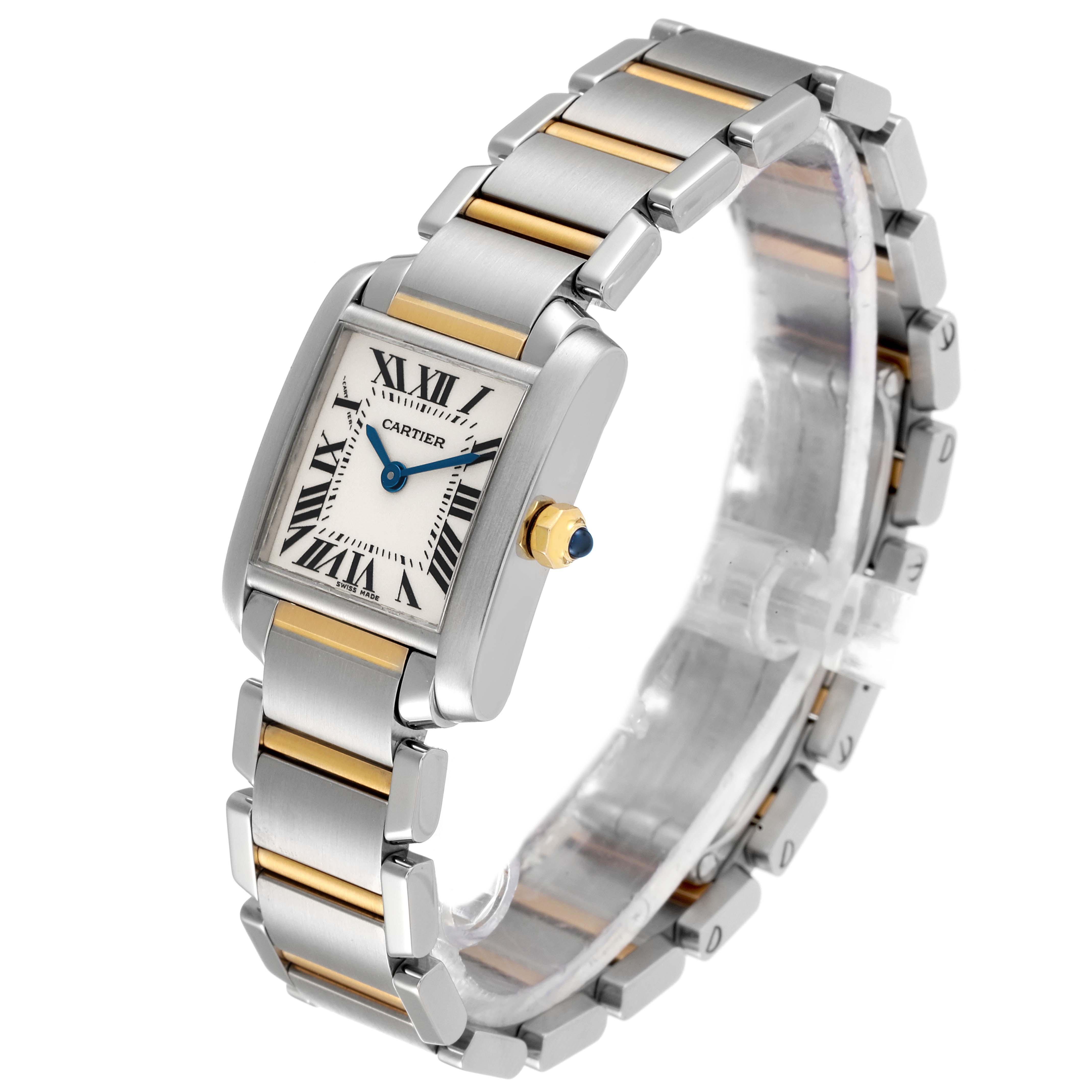 The Cartier Tank Française watch is shown at an angled side view, displaying the bracelet and the face with Roman numerals.