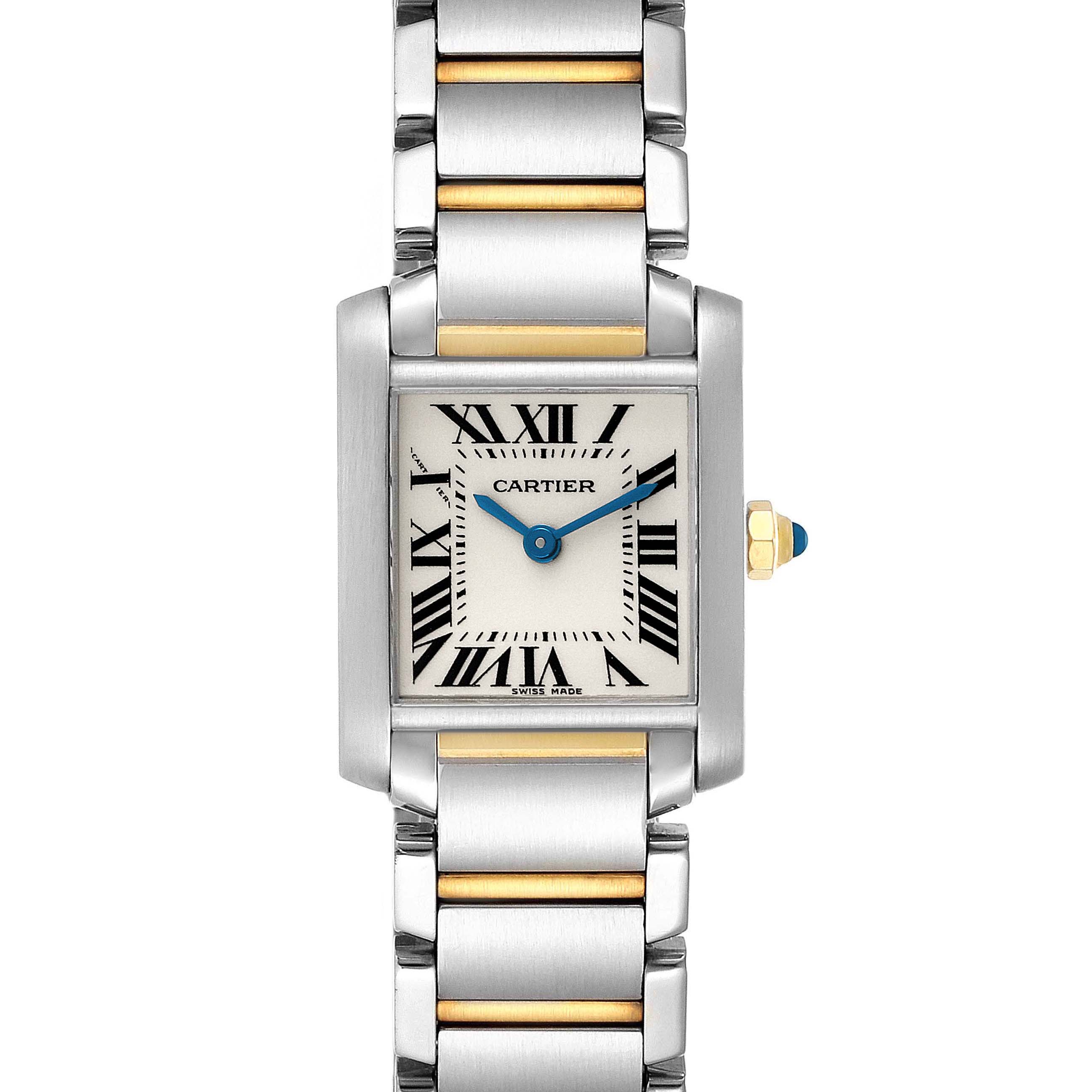 This image shows a full frontal view of the Cartier Tank Francaise W51007Q4 Women's Steel and Gold (two tone) Silver Dial W51007Q4 Women's Steel and Gold (two tone) Silver Dial watch, displaying its face, bezel, and bracelet.