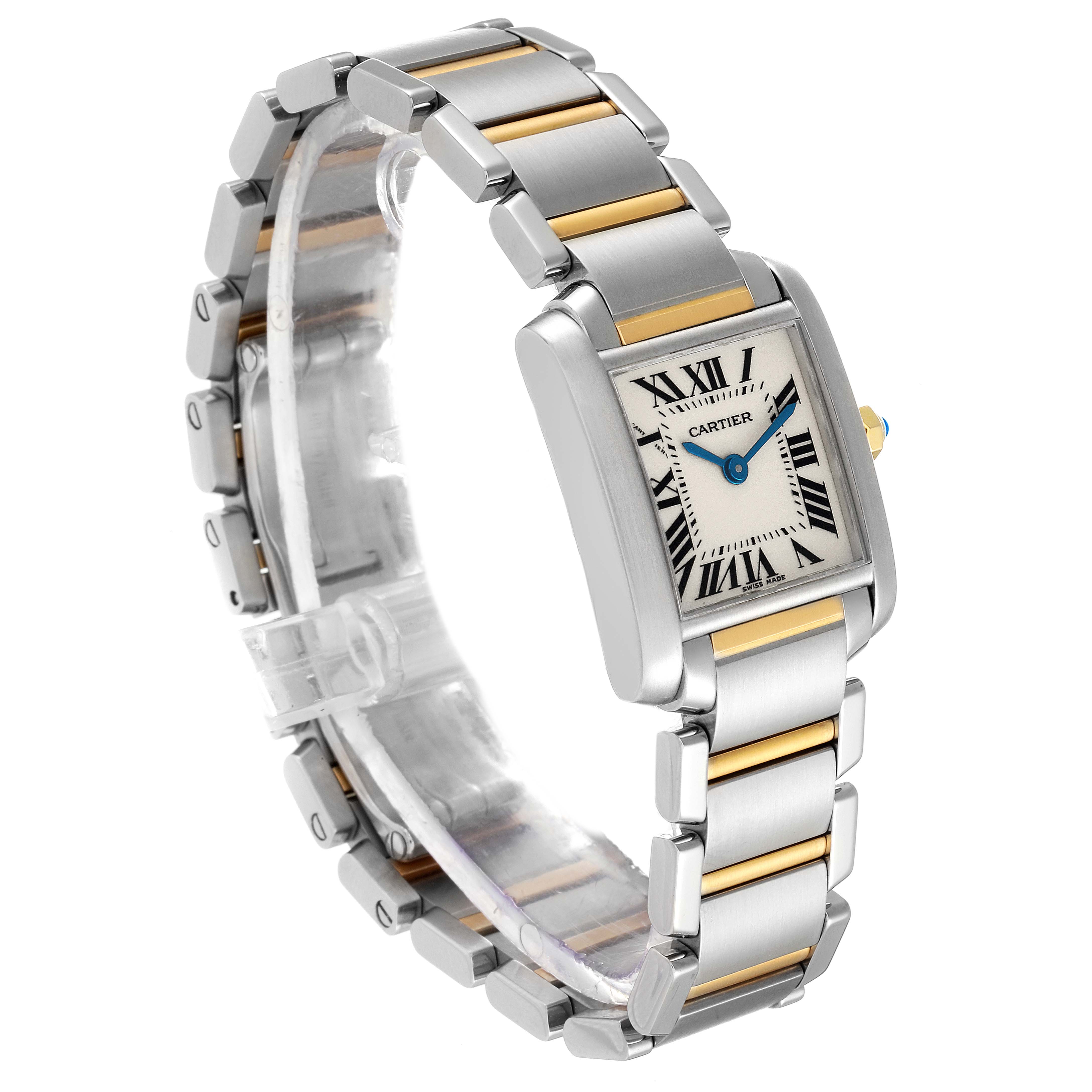The image shows a Cartier Tank Française watch at an angled side view, highlighting the two-tone bracelet and rectangular face.