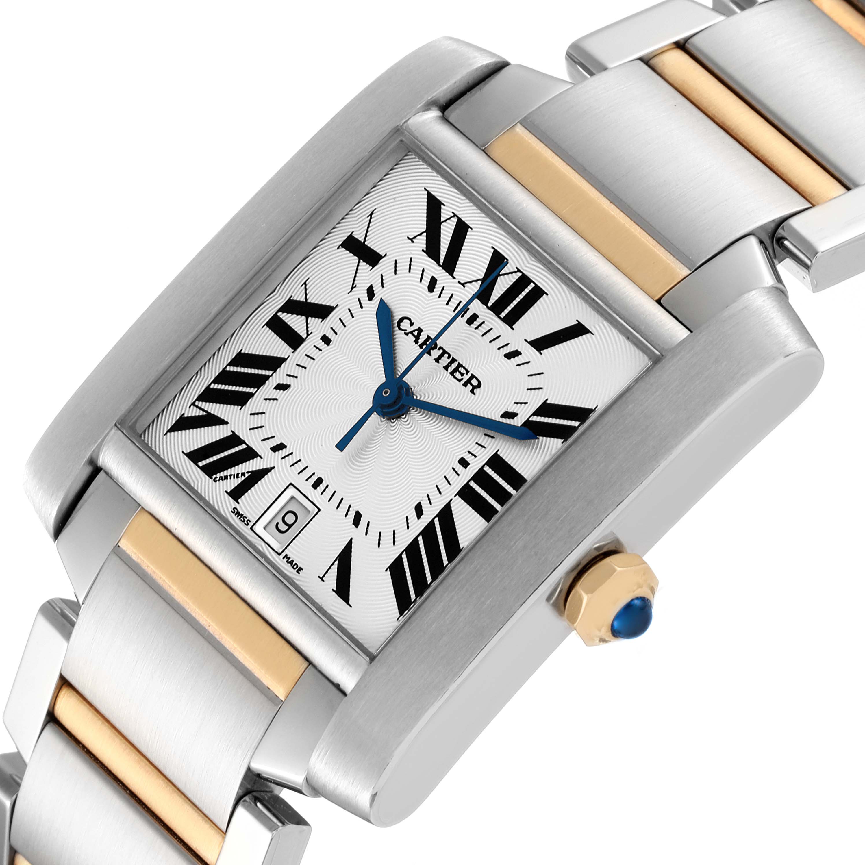 The image shows a close-up angled view of the Cartier Tank Francaise W51005Q4 Men's Steel and Gold (two tone) Silver Dial W51005Q4 Men's Steel and Gold (two tone) Silver Dial watch, highlighting the Roman numeral dial, crown, and two-tone bracelet.