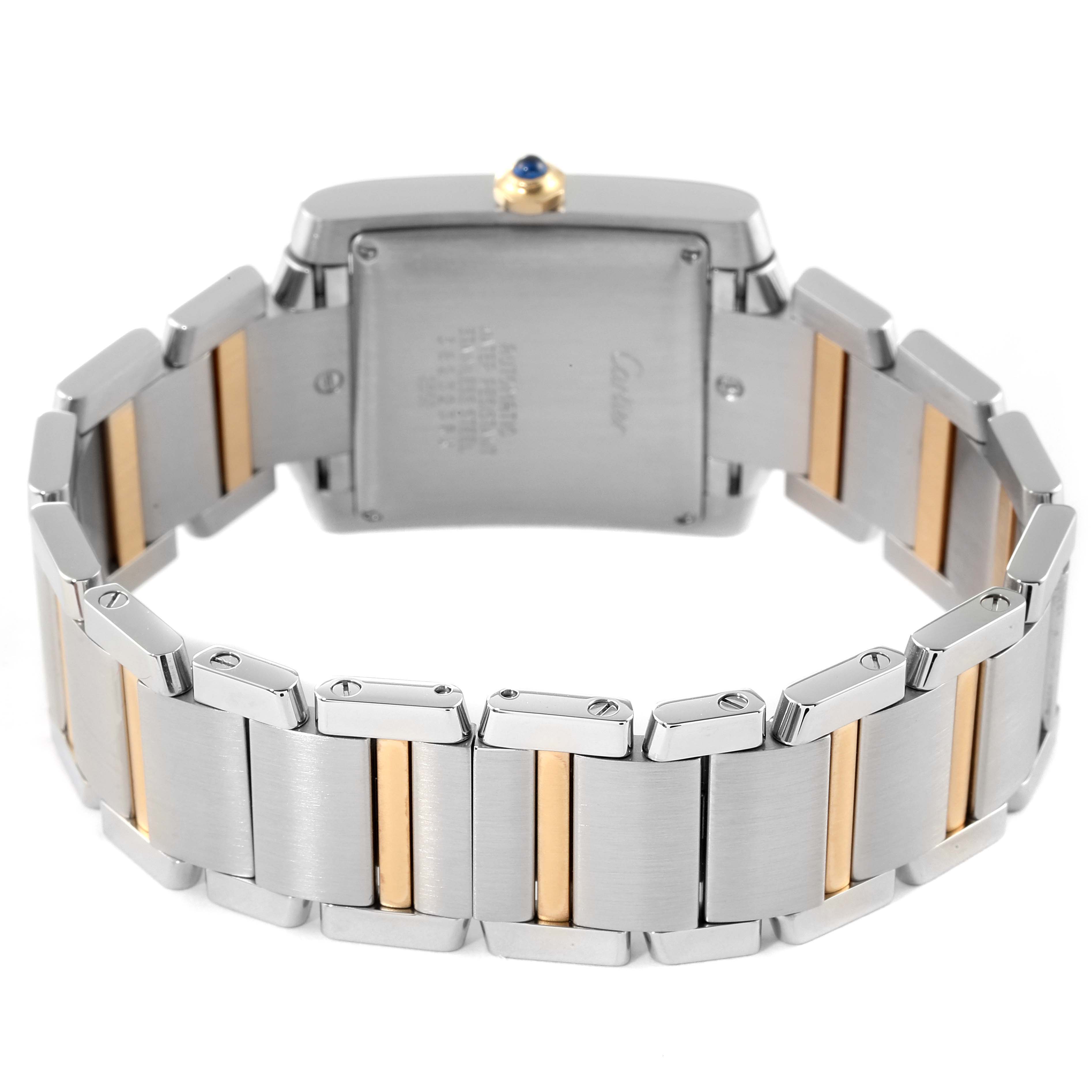 This image shows the back and bracelet of the Cartier Tank Française watch, highlighting its stainless steel and gold links.