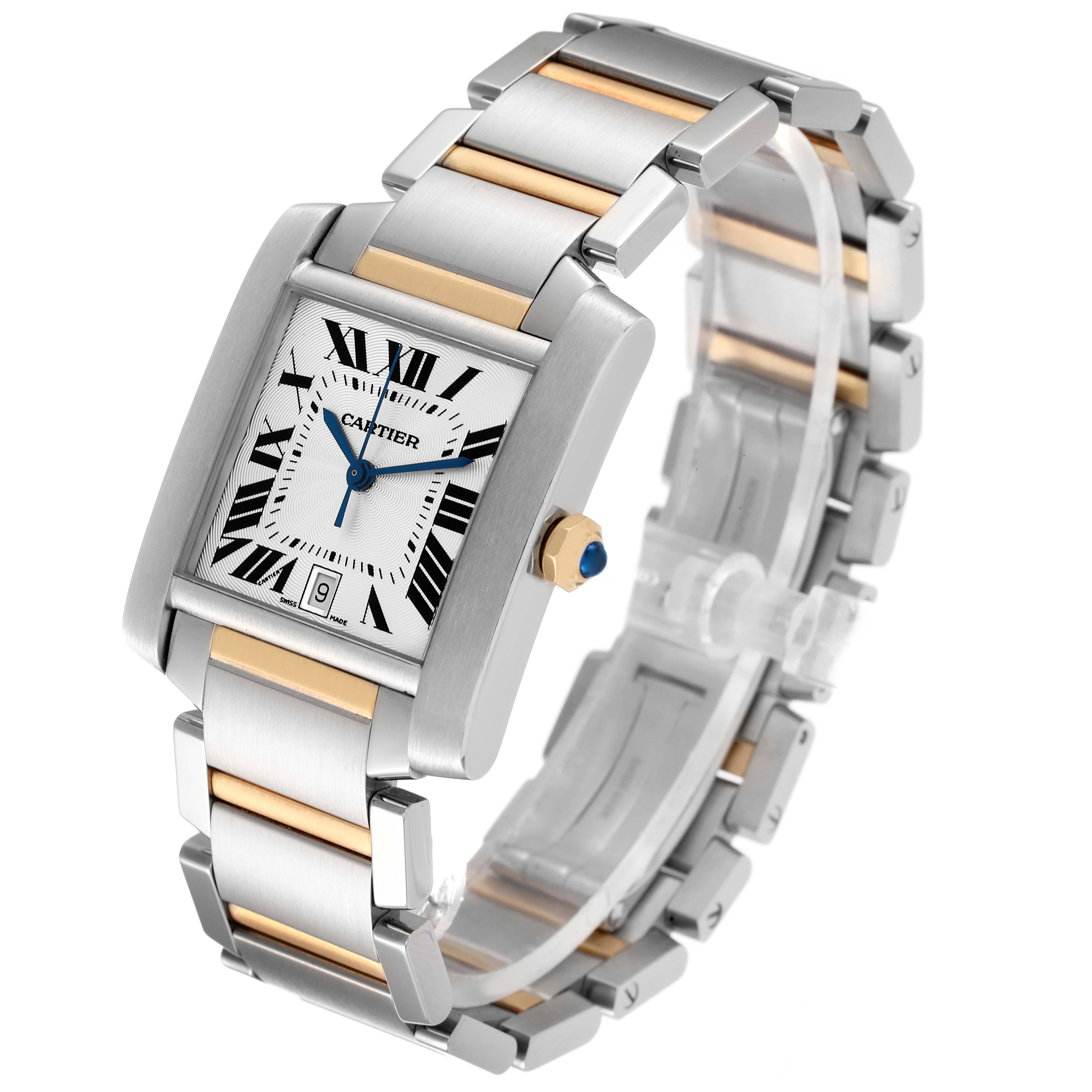 The image shows a Cartier Tank Francaise W51005Q4 Men's Steel and Gold (two tone) Silver Dial W51005Q4 Men's Steel and Gold (two tone) Silver Dial watch at a slight angle, highlighting the face, bracelet, and crown.