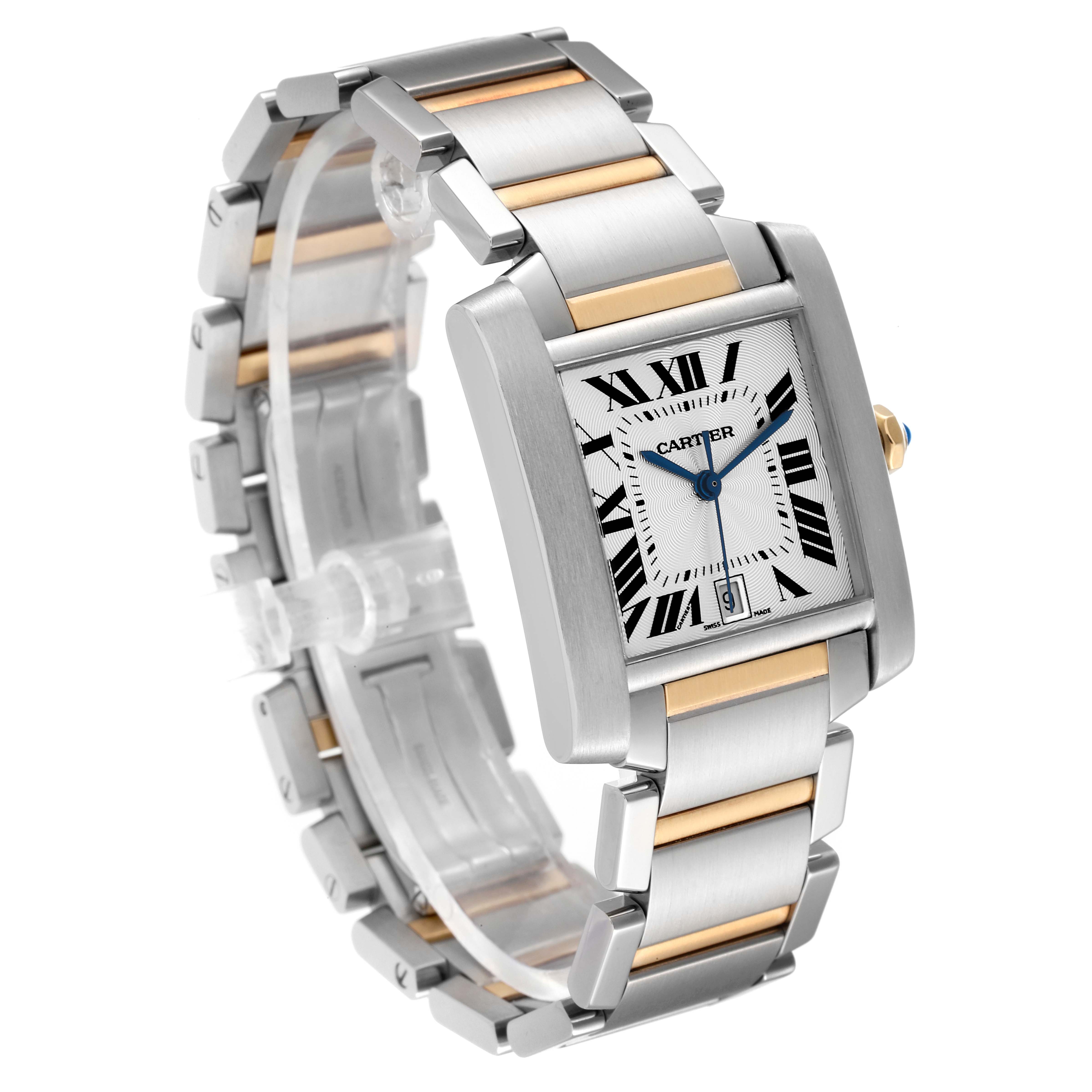 The Cartier Tank Francaise W51005Q4 Men's Steel and Gold (two tone) Silver Dial W51005Q4 Men's Steel and Gold (two tone) Silver Dial watch is shown at an angle displaying its face, Roman numeral markers, and two-tone metal bracelet.