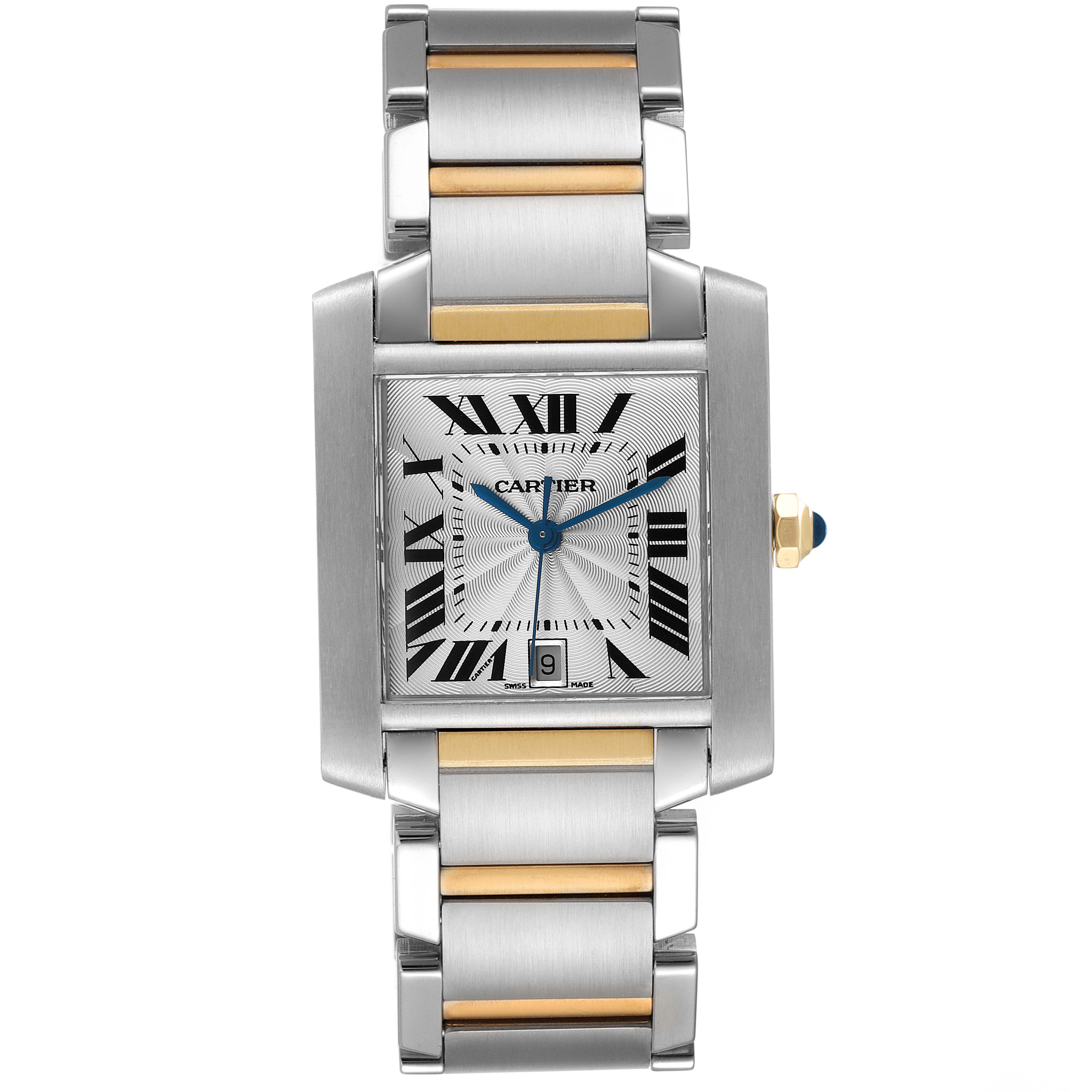 This image shows a front view of a Tank Francaise model by Cartier, highlighting the face, bracelet, and crown.