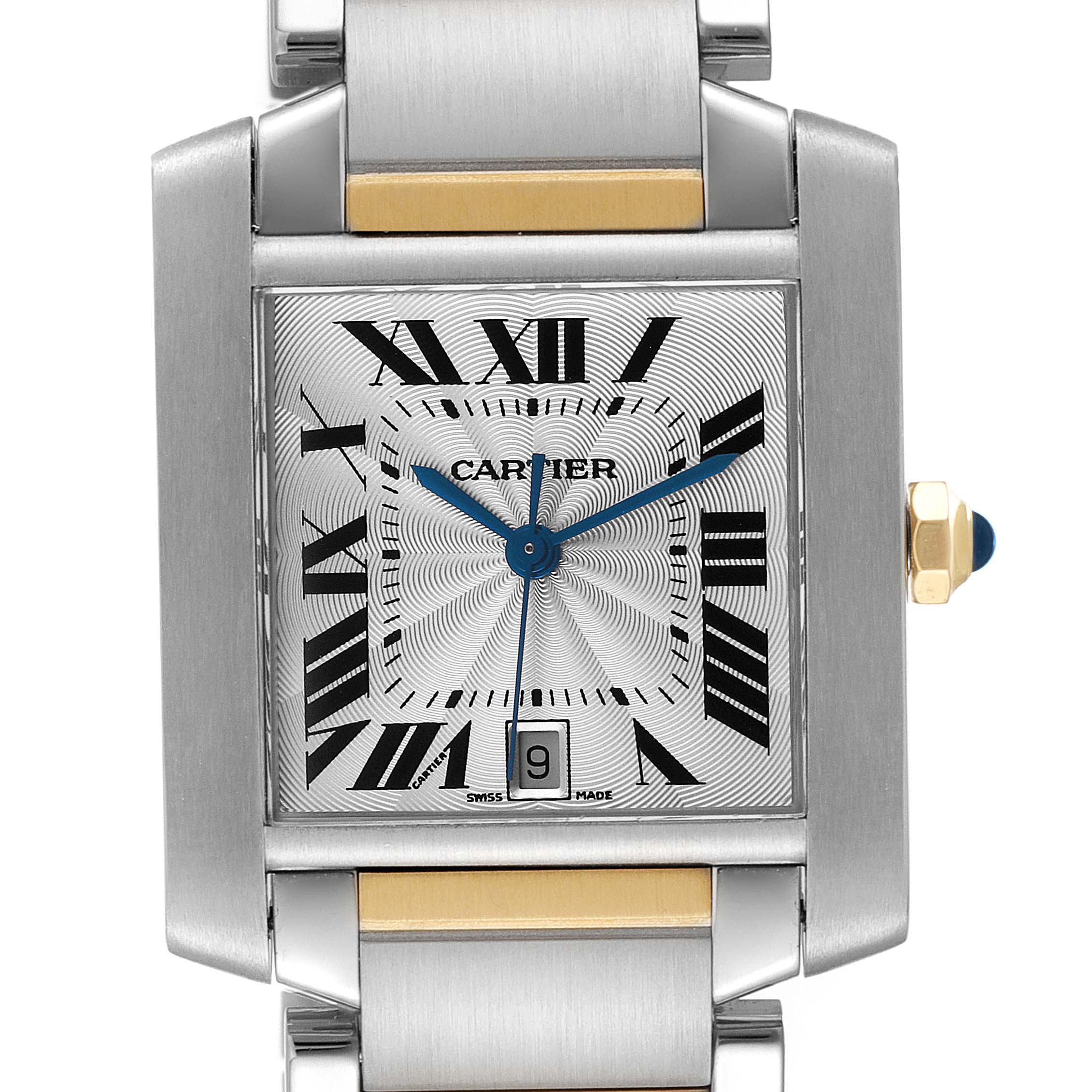 The image shows a front view of the Cartier Tank Francaise W51005Q4 Men's Steel and Gold (two tone) Silver Dial W51005Q4 Men's Steel and Gold (two tone) Silver Dial watch face, bezel, and part of the metal bracelet.