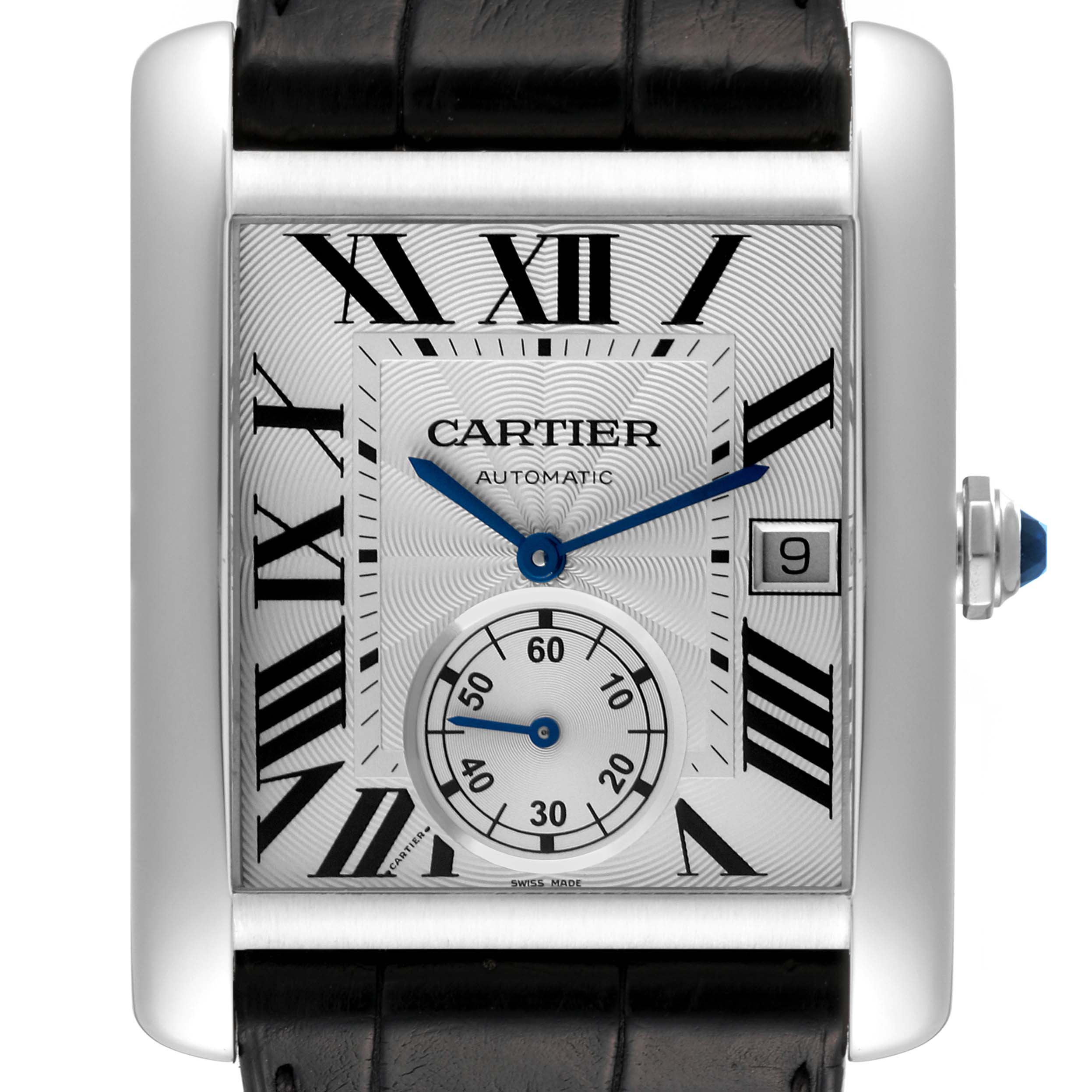 This image shows a frontal view of the Cartier Tank MC W5330003 Men
s Stainless Steel Silver Dial W5330003 Men
s Stainless Steel Silver Dial watch, displaying the face, crown, and a portion of the strap.