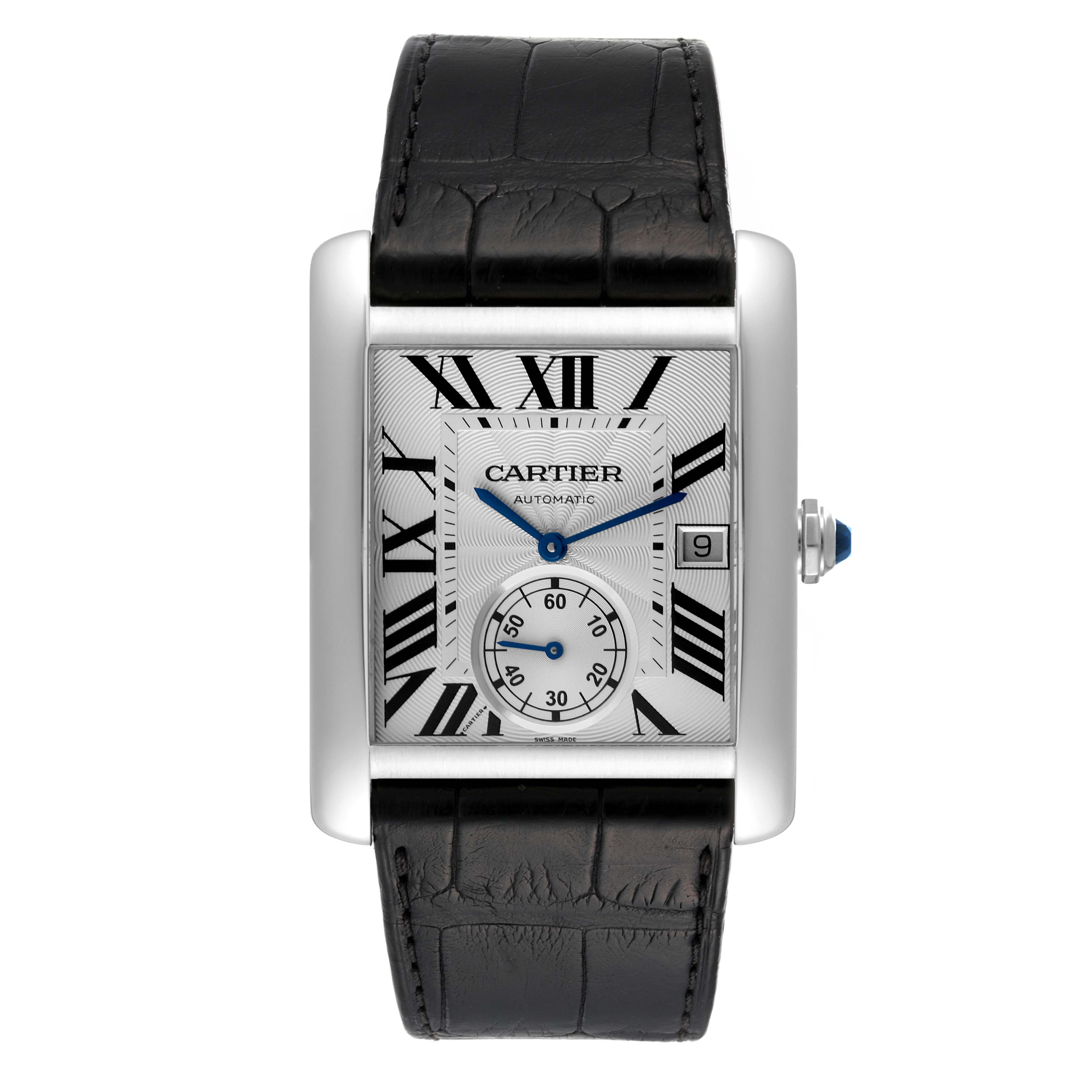 The image shows a front view of the Cartier Tank MC W5330003 Men
s Stainless Steel Silver Dial W5330003 Men
s Stainless Steel Silver Dial watch, detailing its face, leather strap, and side crown.