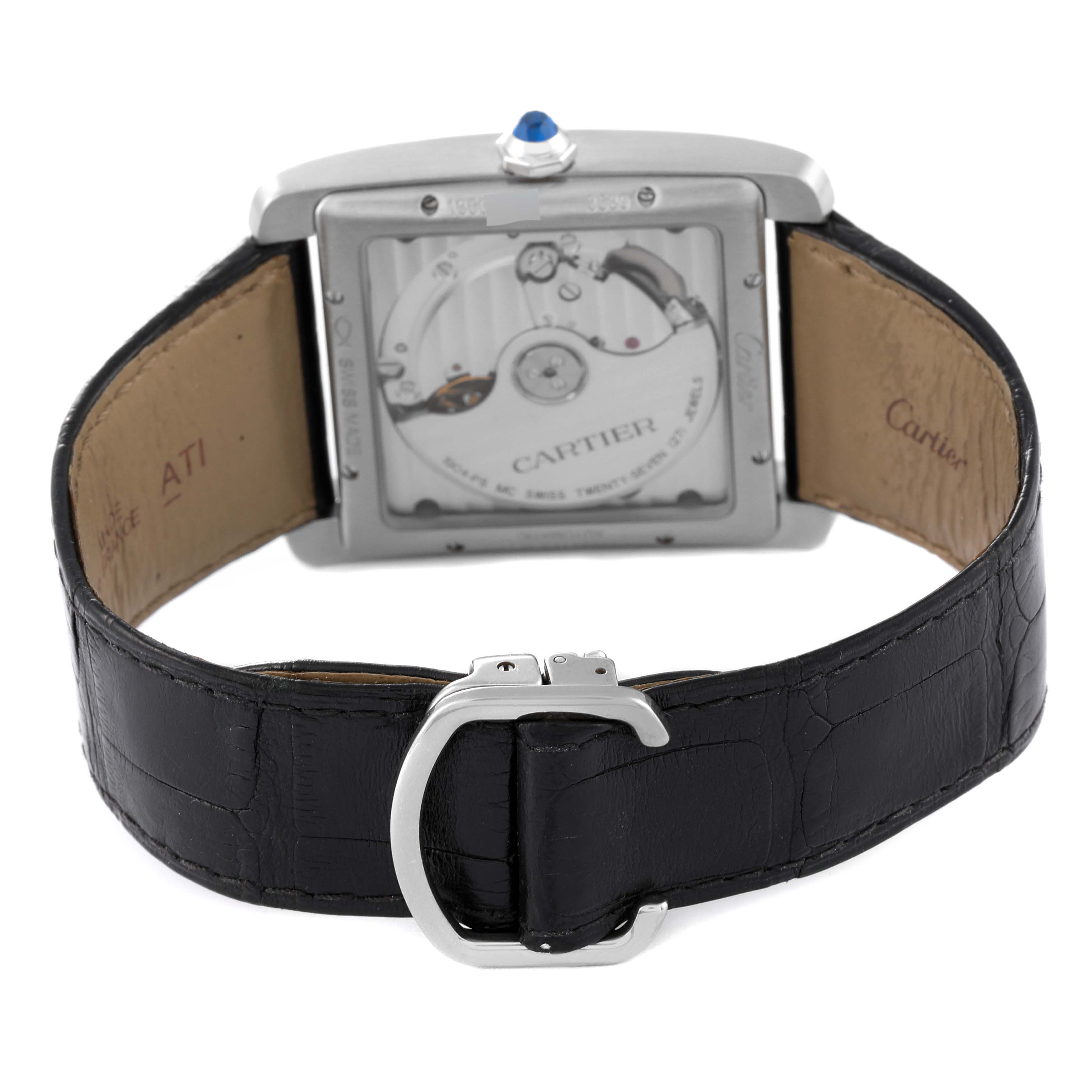 The image shows the back and buckle of the Cartier Tank MC W5330003 Men
s Stainless Steel Silver Dial W5330003 Men
s Stainless Steel Silver Dial watch, highlighting the movement and leather strap.