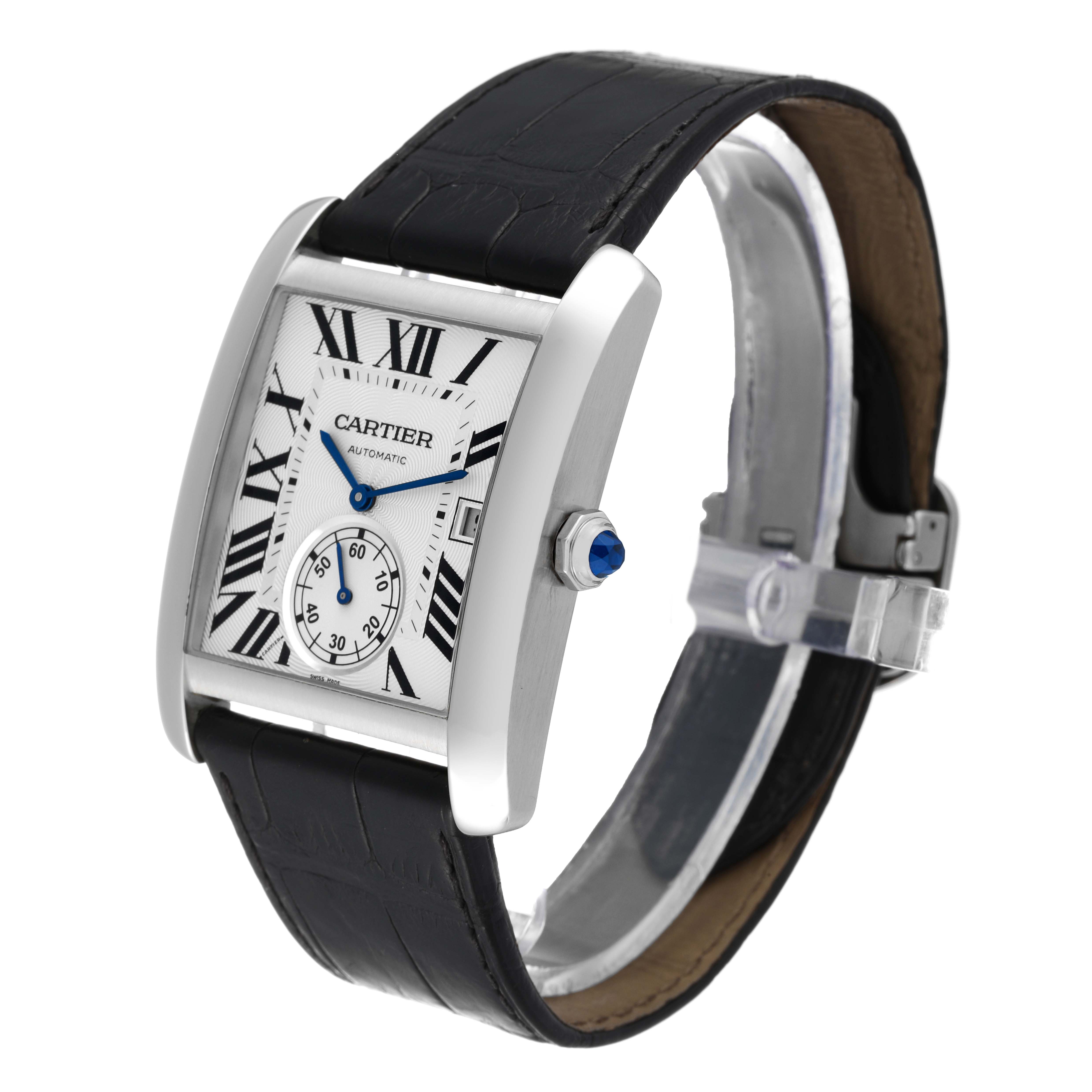 This image shows a Cartier Tank MC W5330003 Men
s Stainless Steel Silver Dial W5330003 Men
s Stainless Steel Silver Dial watch from an angled front view, highlighting the face, crown, and leather strap.