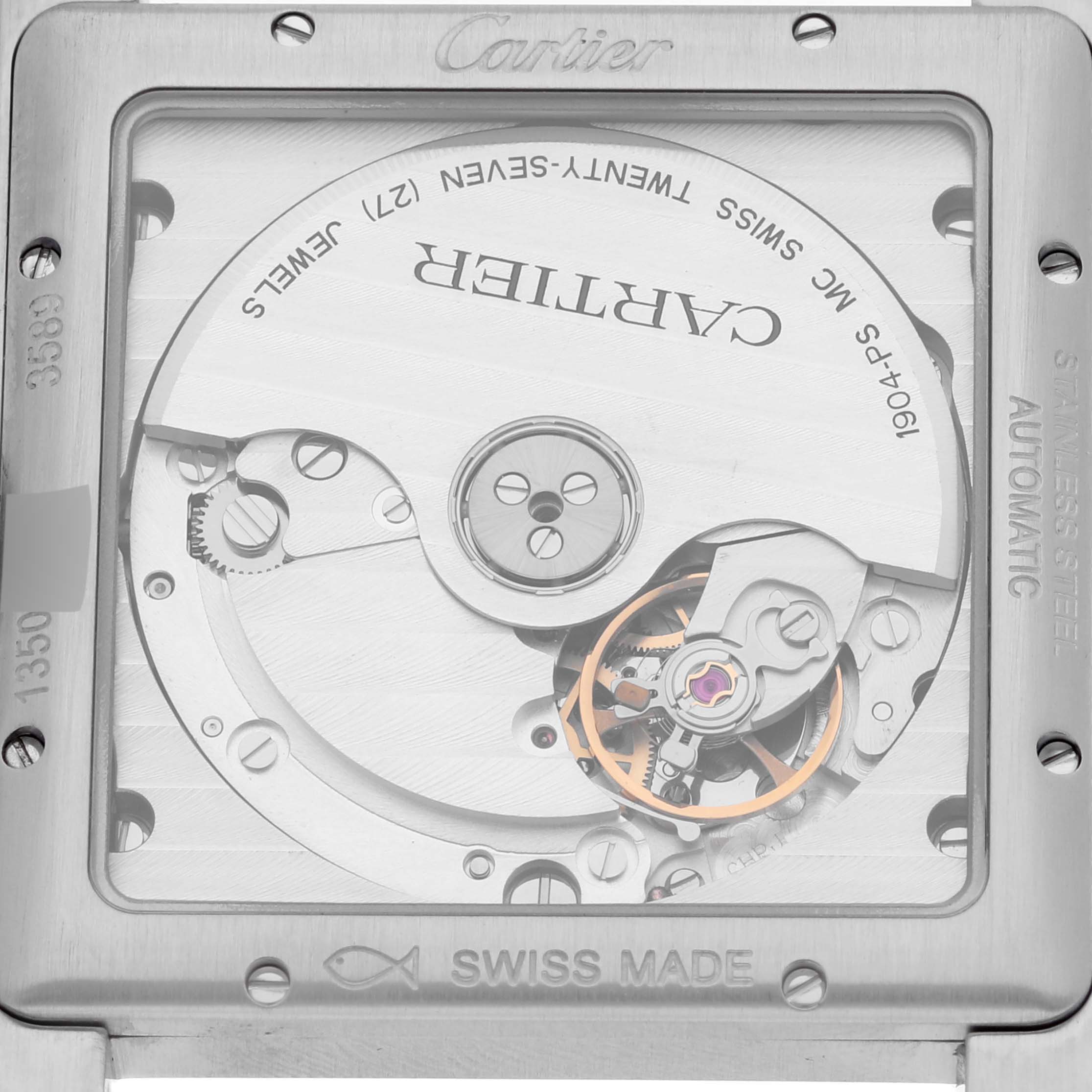 This image shows a close-up of the movement mechanism on the back of a Cartier Tank MC W5330003 Men
s Stainless Steel Silver Dial W5330003 Men
s Stainless Steel Silver Dial watch.