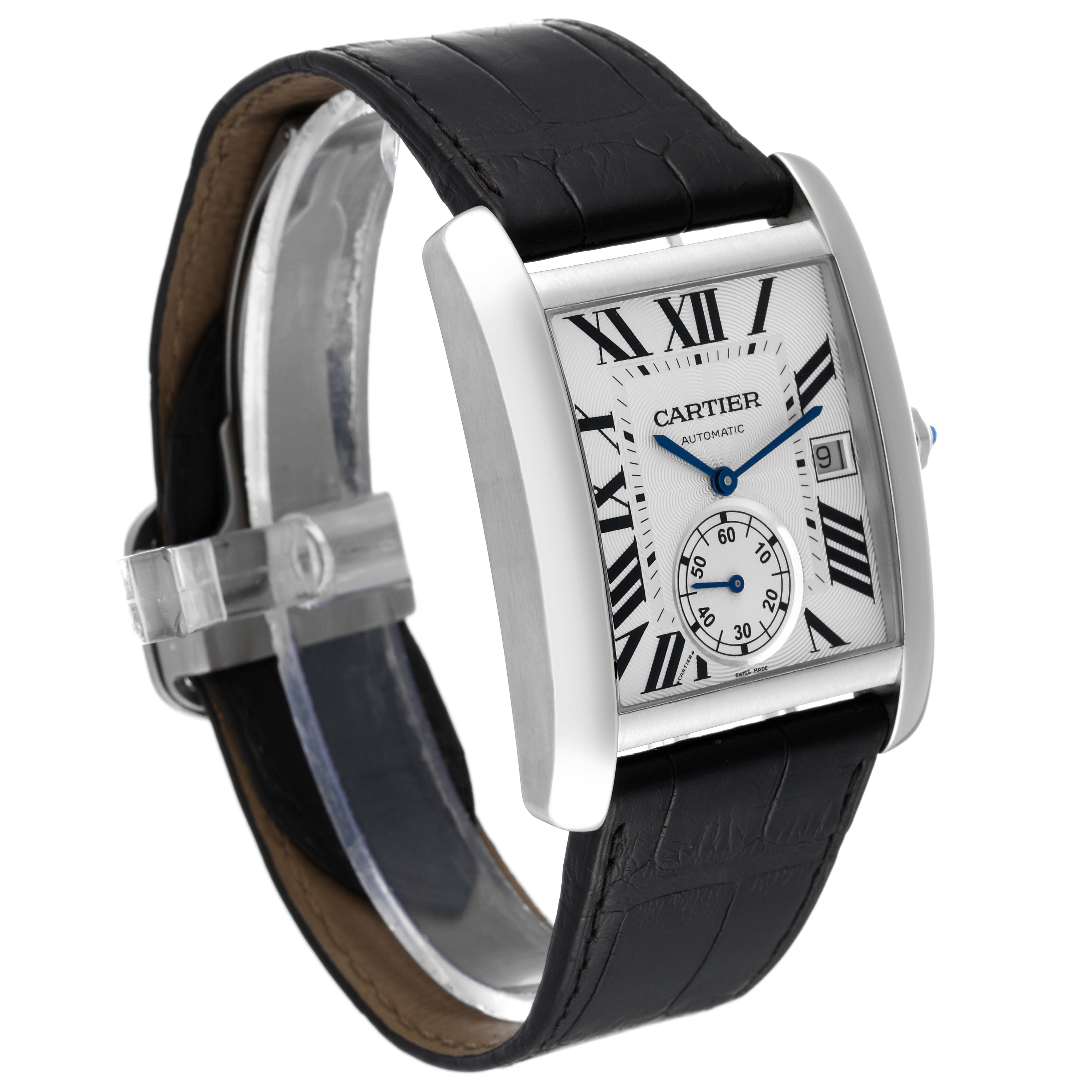The image shows a Cartier Tank MC W5330003 Men
s Stainless Steel Silver Dial W5330003 Men
s Stainless Steel Silver Dial watch at a slight angle, highlighting its rectangular face, black leather strap, and distinctive Roman numerals.