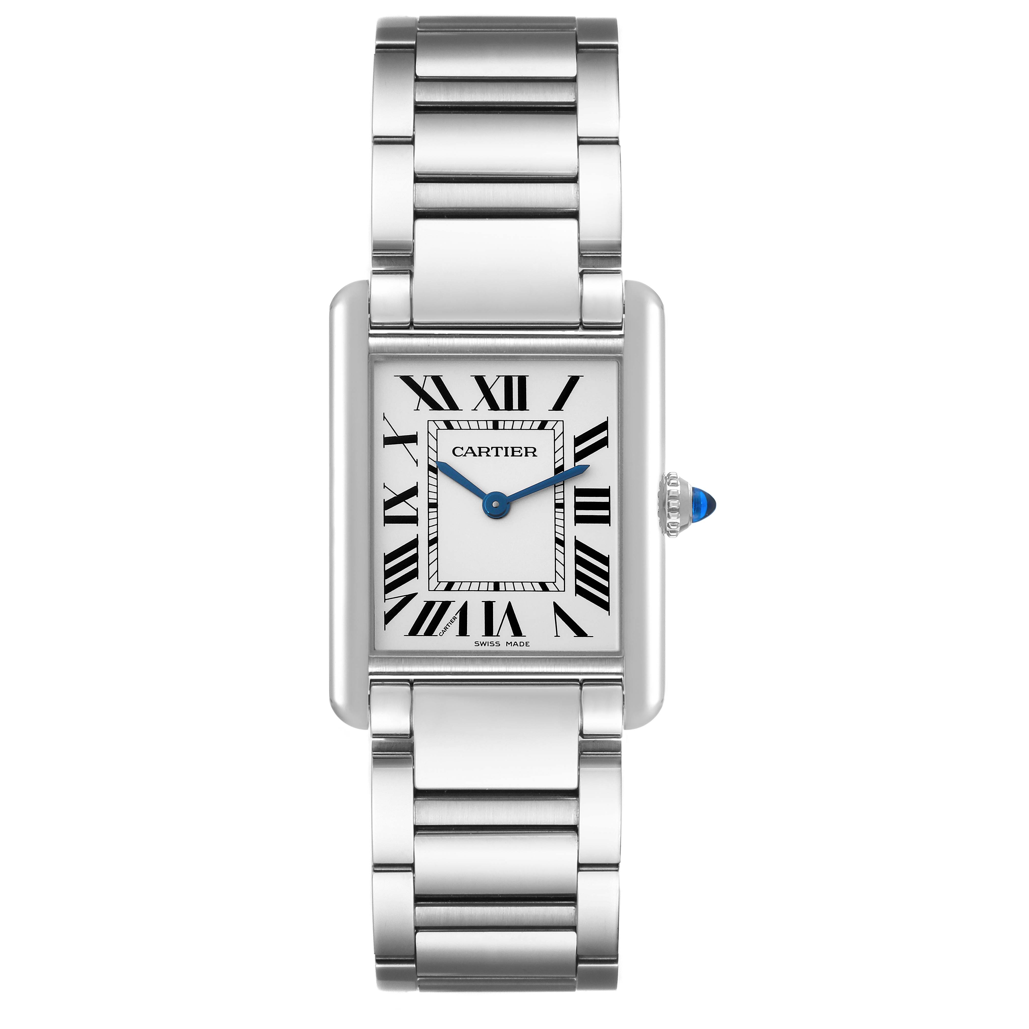 The image shows a front view of the Cartier Tank Must WSTA0052 Women's Stainless Steel Silver Dial WSTA0052 Women's Stainless Steel Silver Dial watch, highlighting its face, bracelet, and crown.