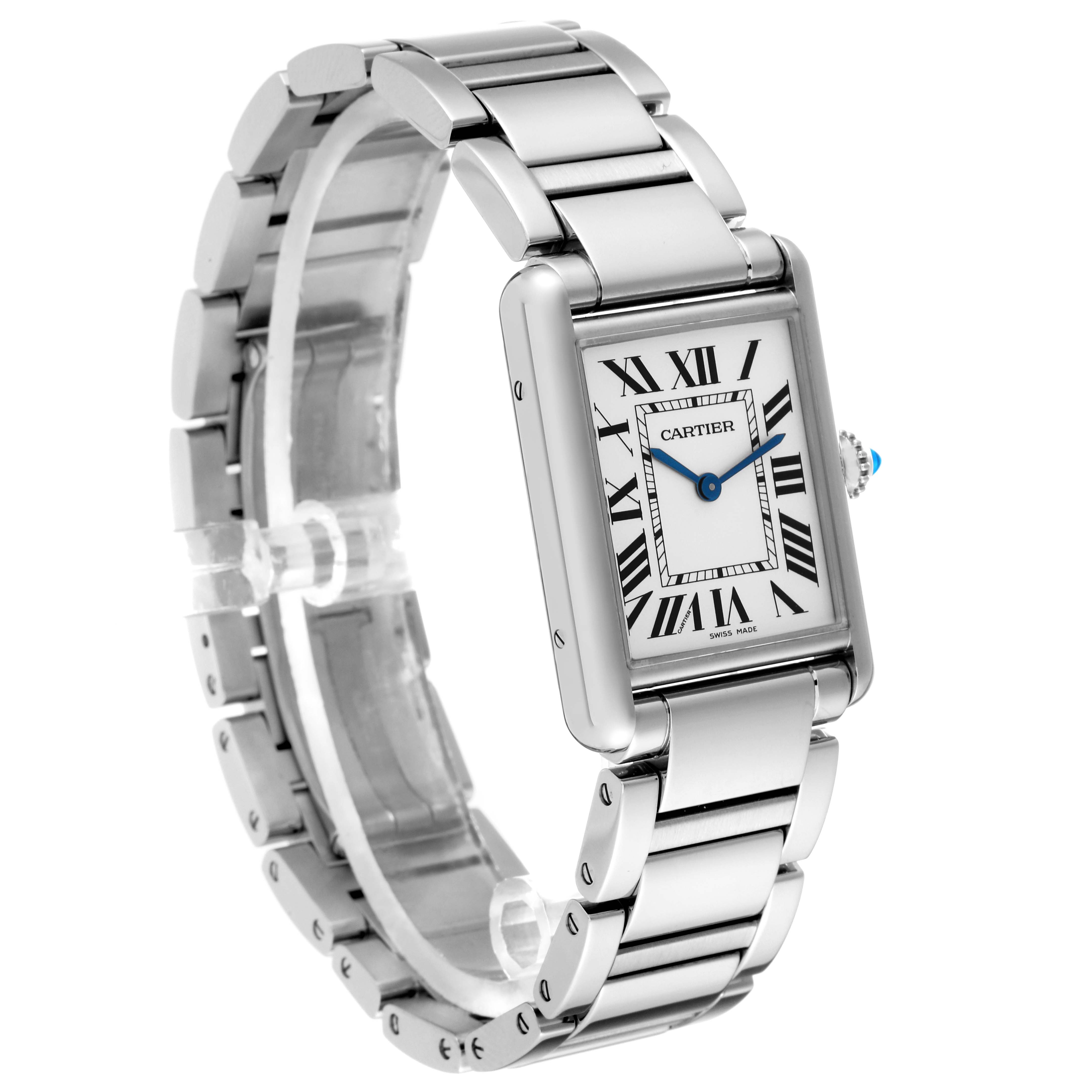 The image shows a Cartier Tank Must WSTA0052 Women's Stainless Steel Silver Dial WSTA0052 Women's Stainless Steel Silver Dial watch from an angled front view, highlighting the face and metal bracelet.