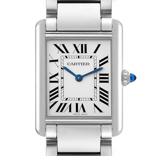 This image shows a close-up, front view of a Cartier Tank Must watch, highlighting the dial, Roman numerals, and part of the bracelet.