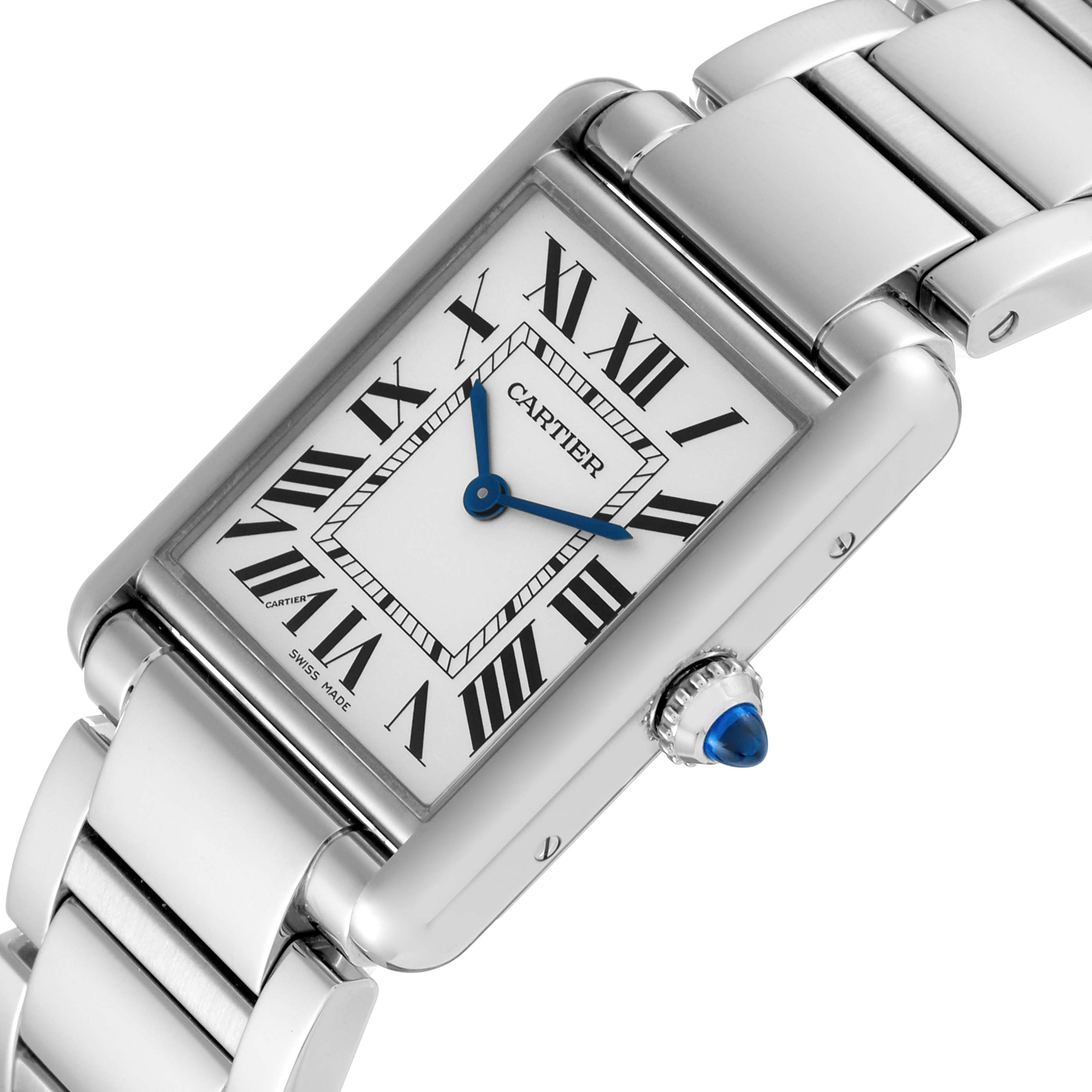 This image shows a Cartier Tank Must WSTA0052 Women's Stainless Steel Silver Dial WSTA0052 Women's Stainless Steel Silver Dial watch, angled slightly, displaying its face, bracelet, and crown.