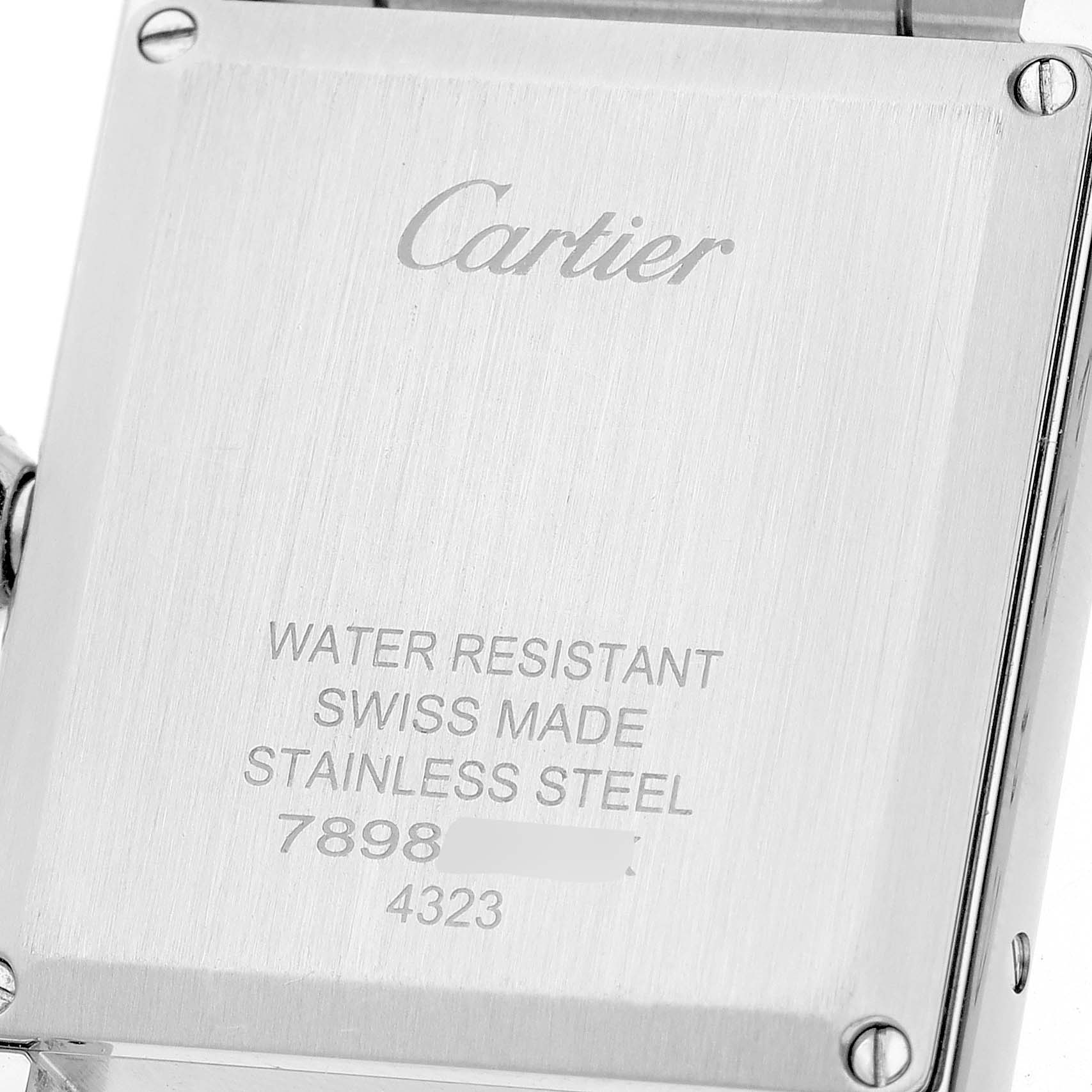 This image shows the back case of a Cartier Tank Must WSTA0052 Women's Stainless Steel Silver Dial WSTA0052 Women's Stainless Steel Silver Dial watch, highlighting its water-resistant and stainless steel features.