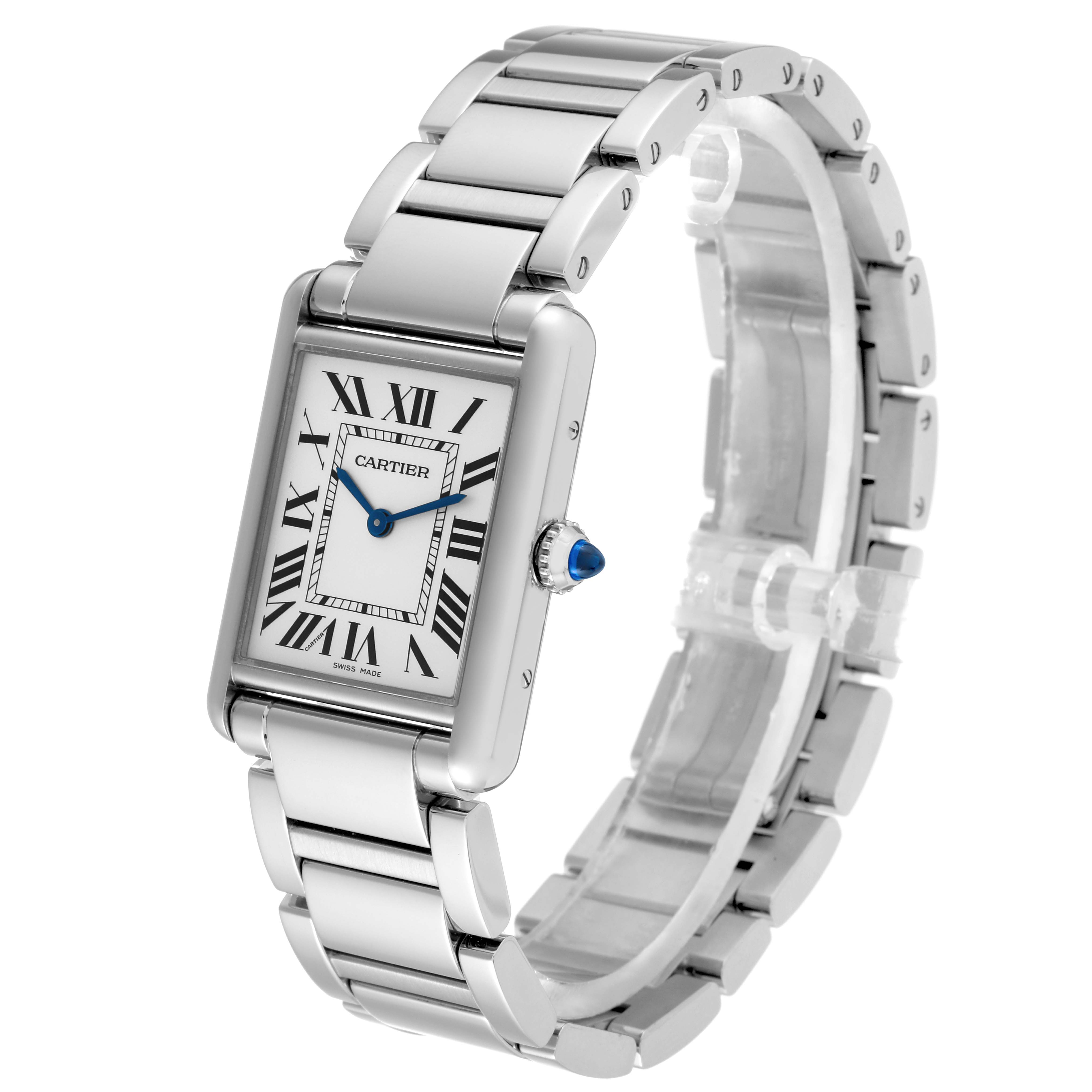 This image shows a Cartier Tank Must WSTA0052 Women's Stainless Steel Silver Dial WSTA0052 Women's Stainless Steel Silver Dial watch from a front-right angle, highlighting its rectangular case, Roman numeral dial, and metal bracelet.