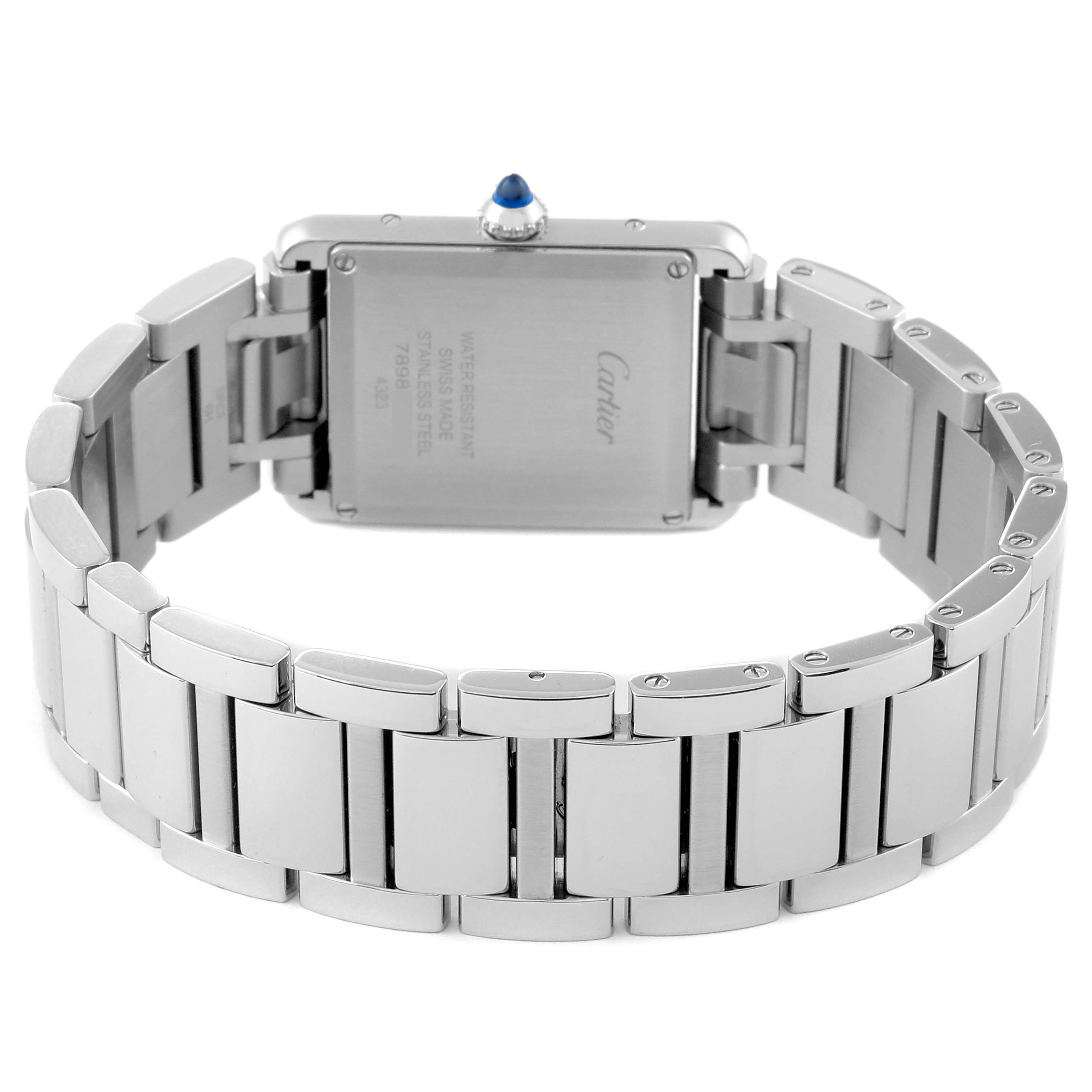 This image shows a rear view of the Cartier Tank Must WSTA0052 Women's Stainless Steel Silver Dial WSTA0052 Women's Stainless Steel Silver Dial watch, highlighting the case back and bracelet links.