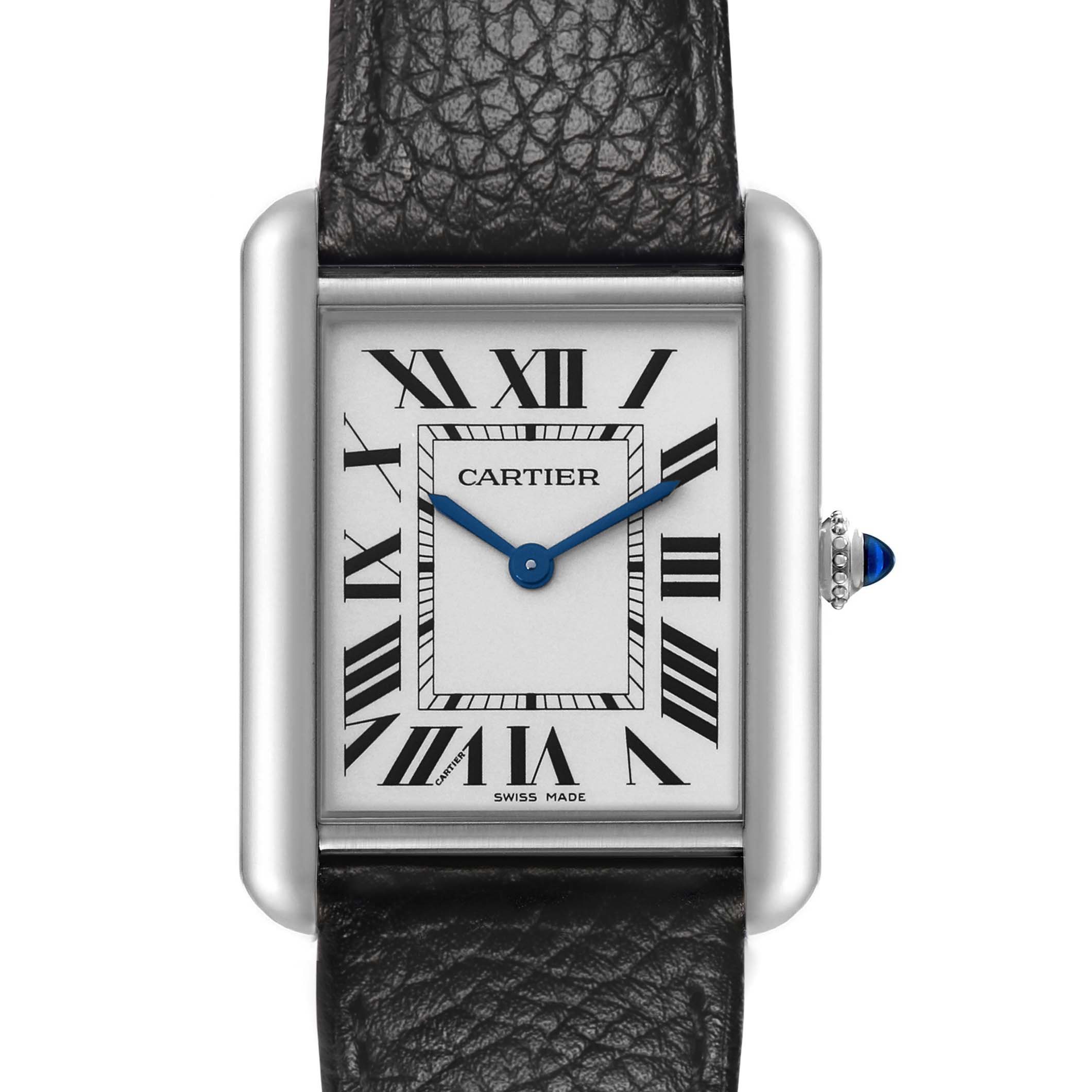 The Cartier Tank Must WSTA0120 Men's Stainless Steel Silver Dial watch is shown from the front, displaying its face, Roman numerals, blue hands, and black leather strap.